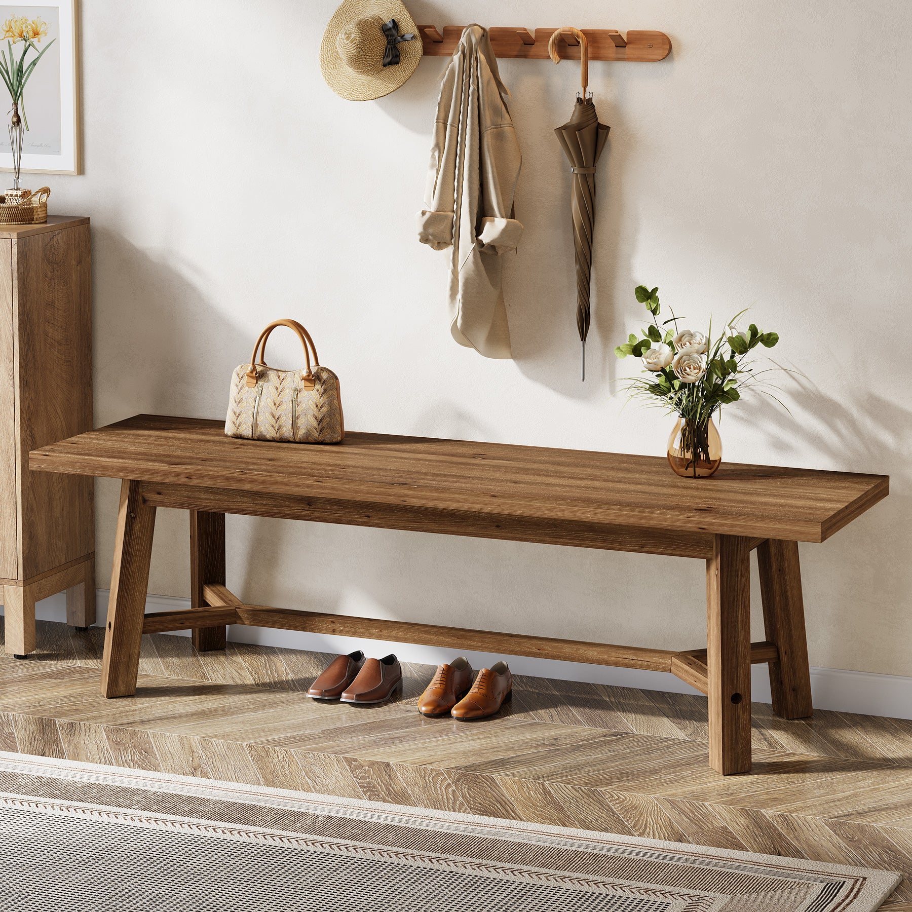 55" Solid Wood Bench, Farmhouse Long Bench Seat for Entryway - Image 8