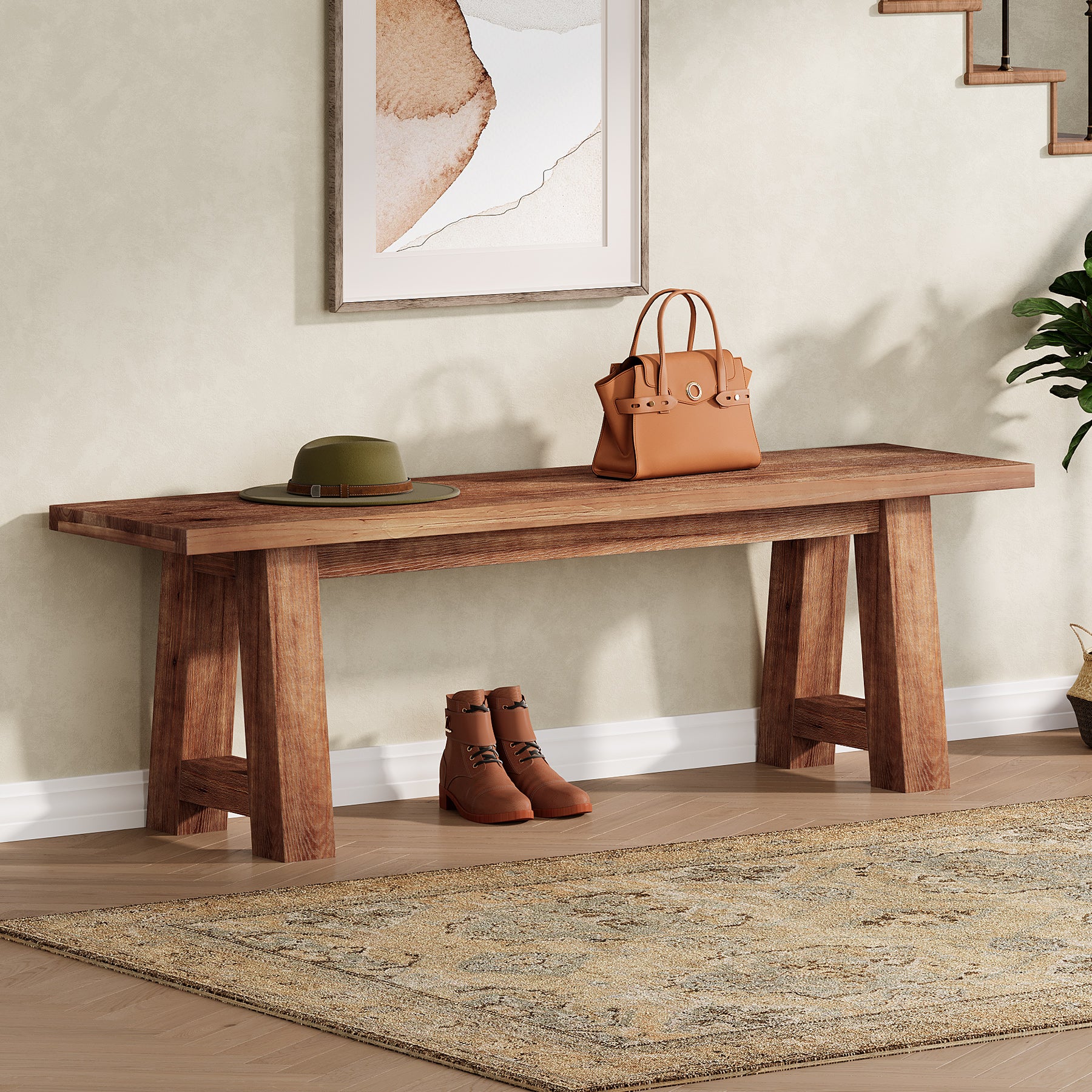 55" Solid Wood Bench, Farmhouse Shoe Entryway Bench for Living Room - Image 6