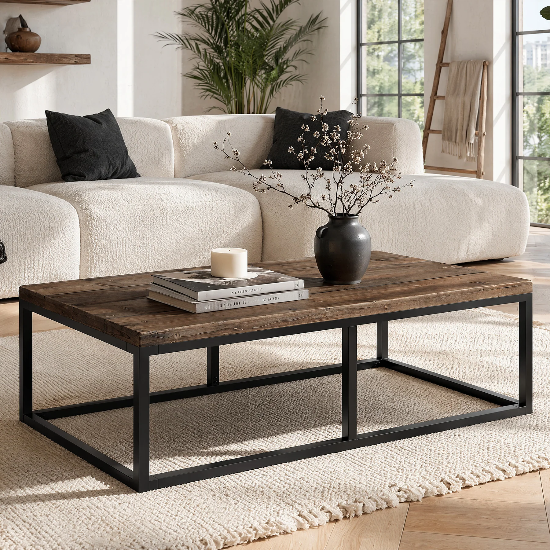55" Solid Wood Coffee Table, Rectangular Center Table with Steel Frame for Living Room