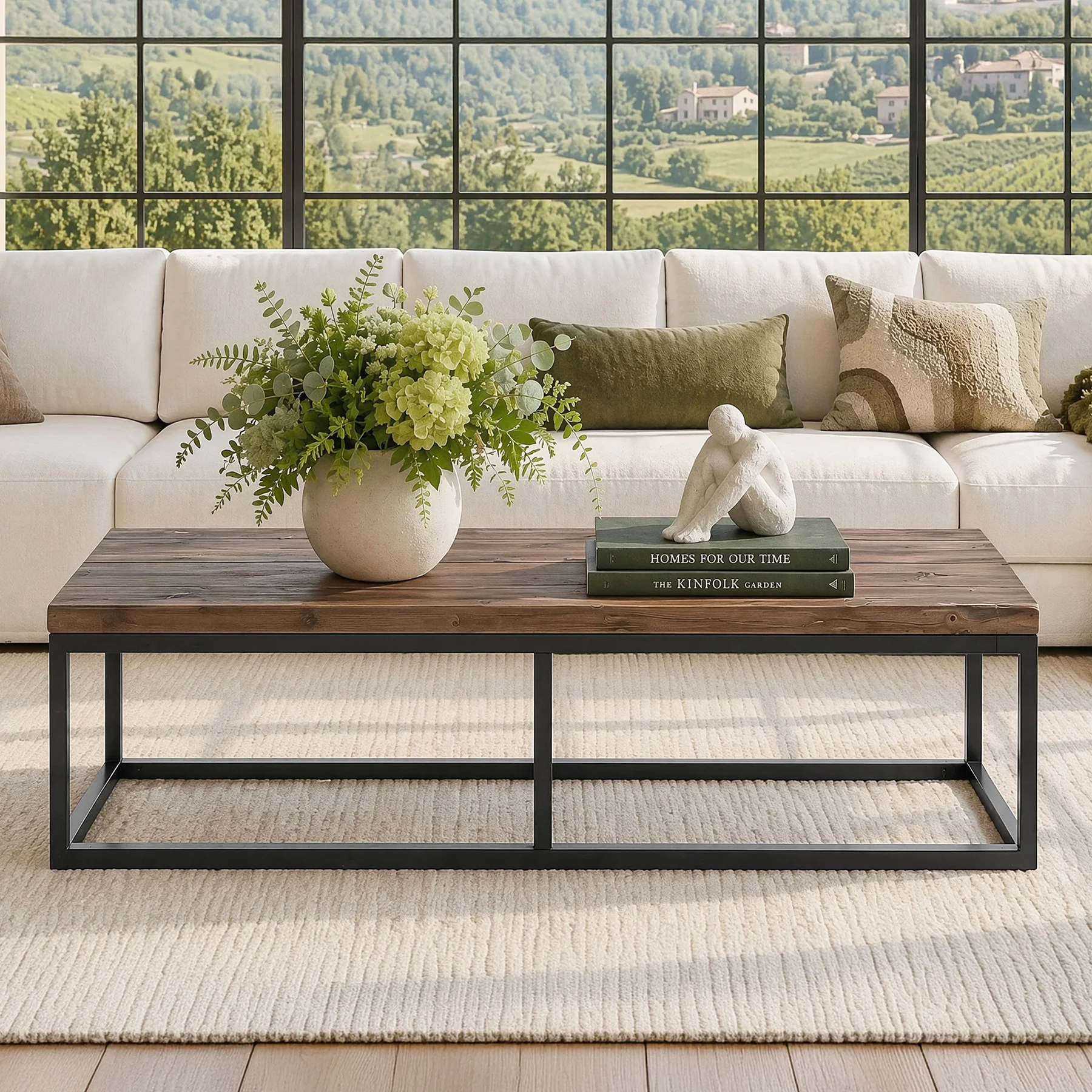 55" Solid Wood Coffee Table, Rectangular Center Table with Steel Frame for Living Room - Image 4