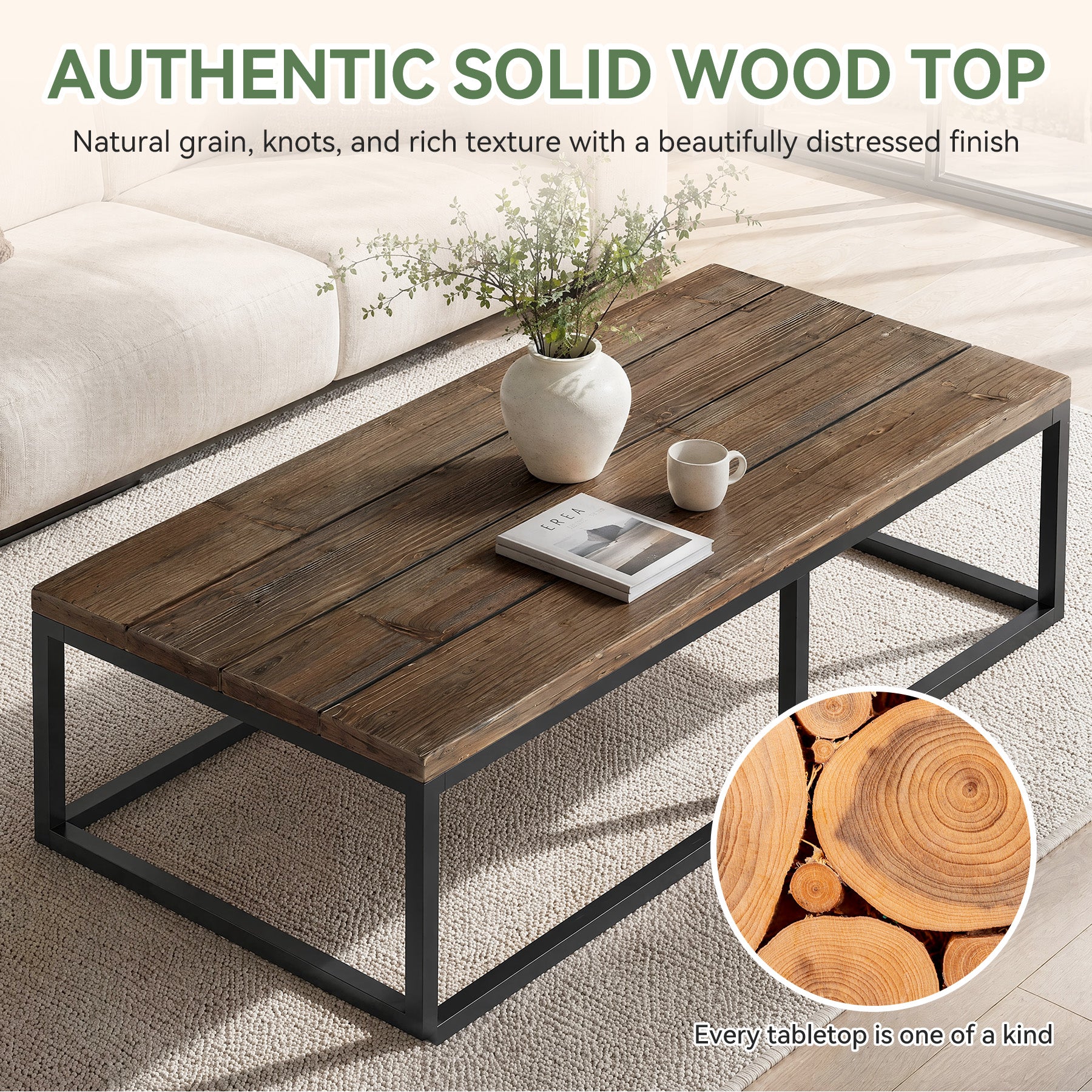 55" Solid Wood Coffee Table, Rectangular Center Table with Steel Frame for Living Room - Image 5