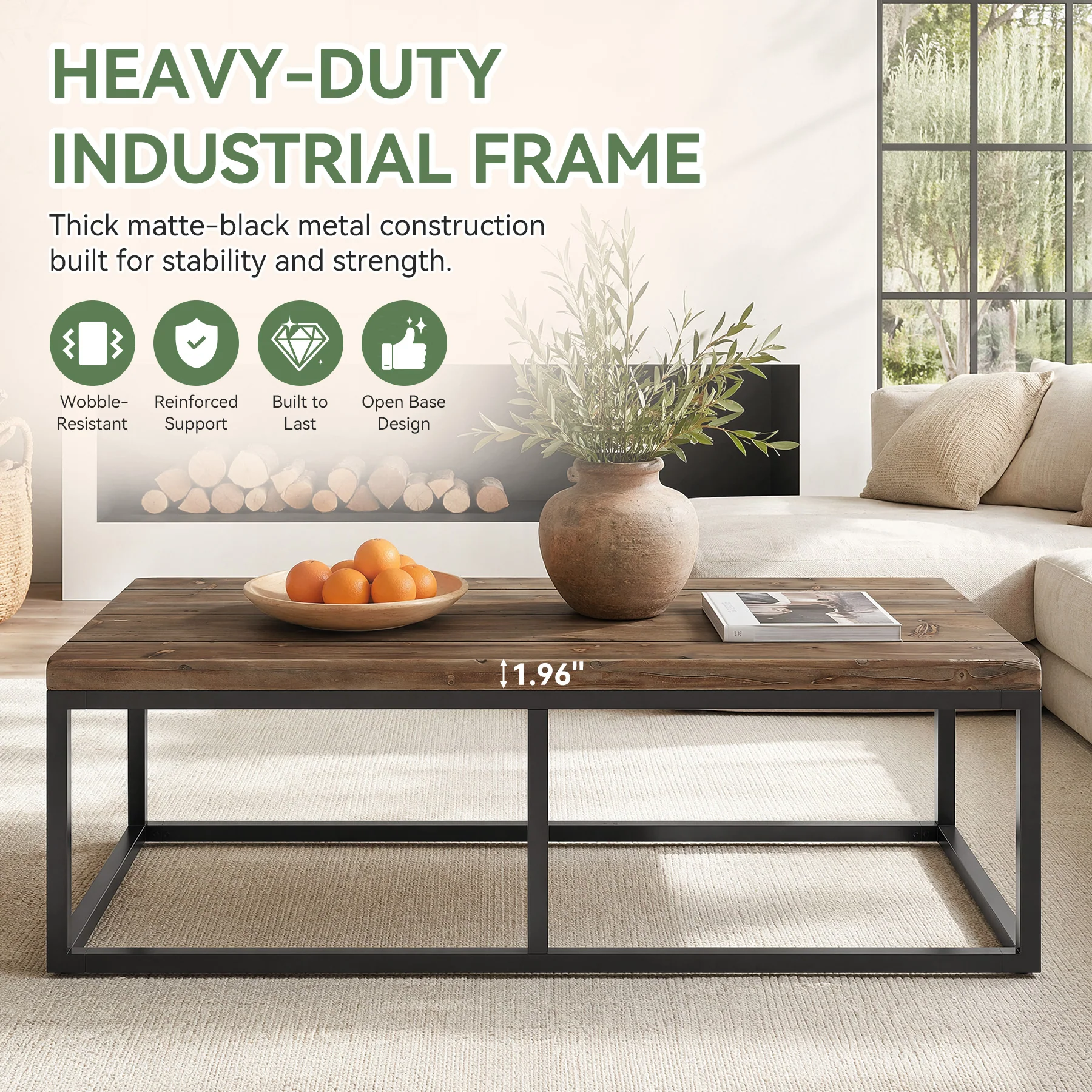 55" Solid Wood Coffee Table, Rectangular Center Table with Steel Frame for Living Room - Image 6