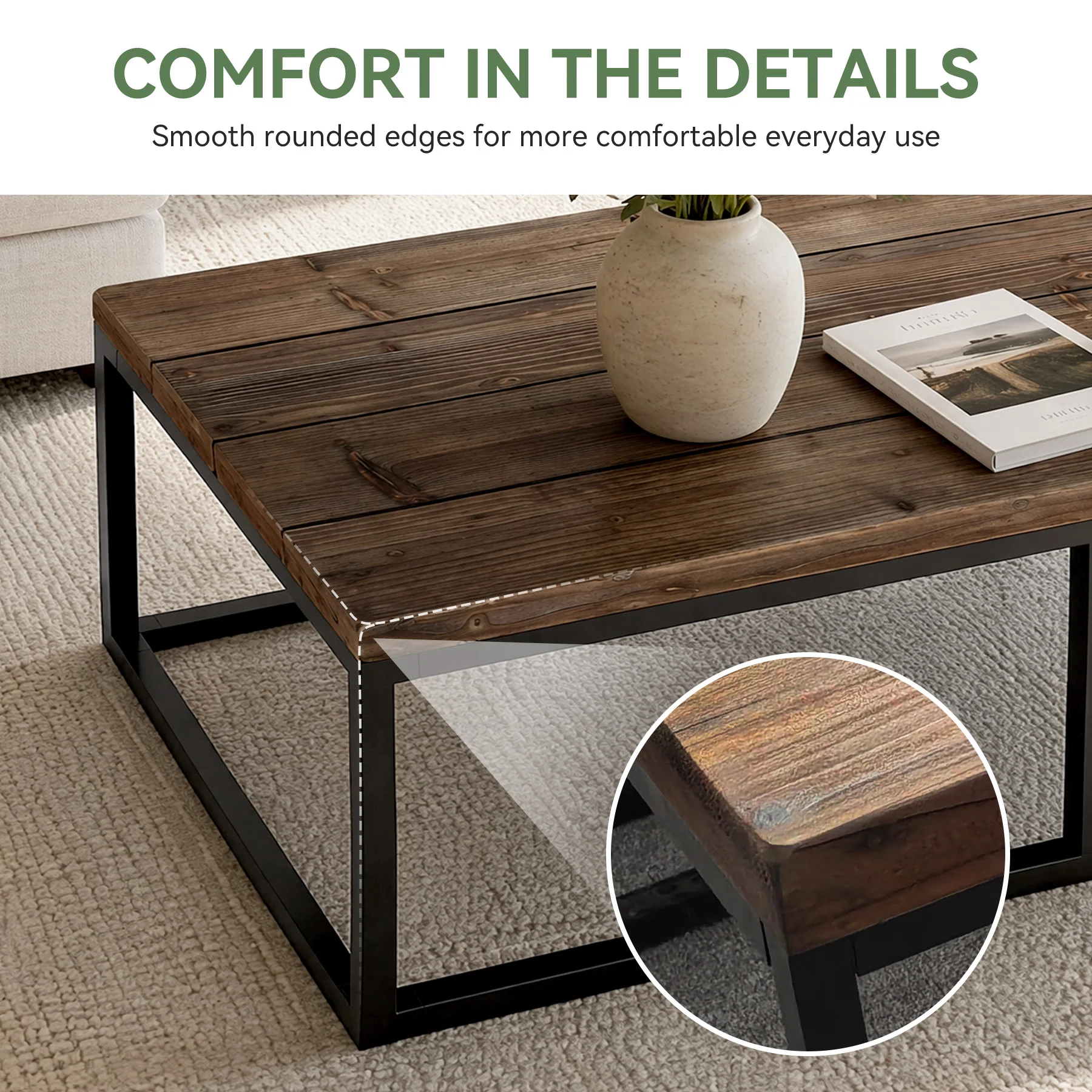 55" Solid Wood Coffee Table, Rectangular Center Table with Steel Frame for Living Room - Image 7