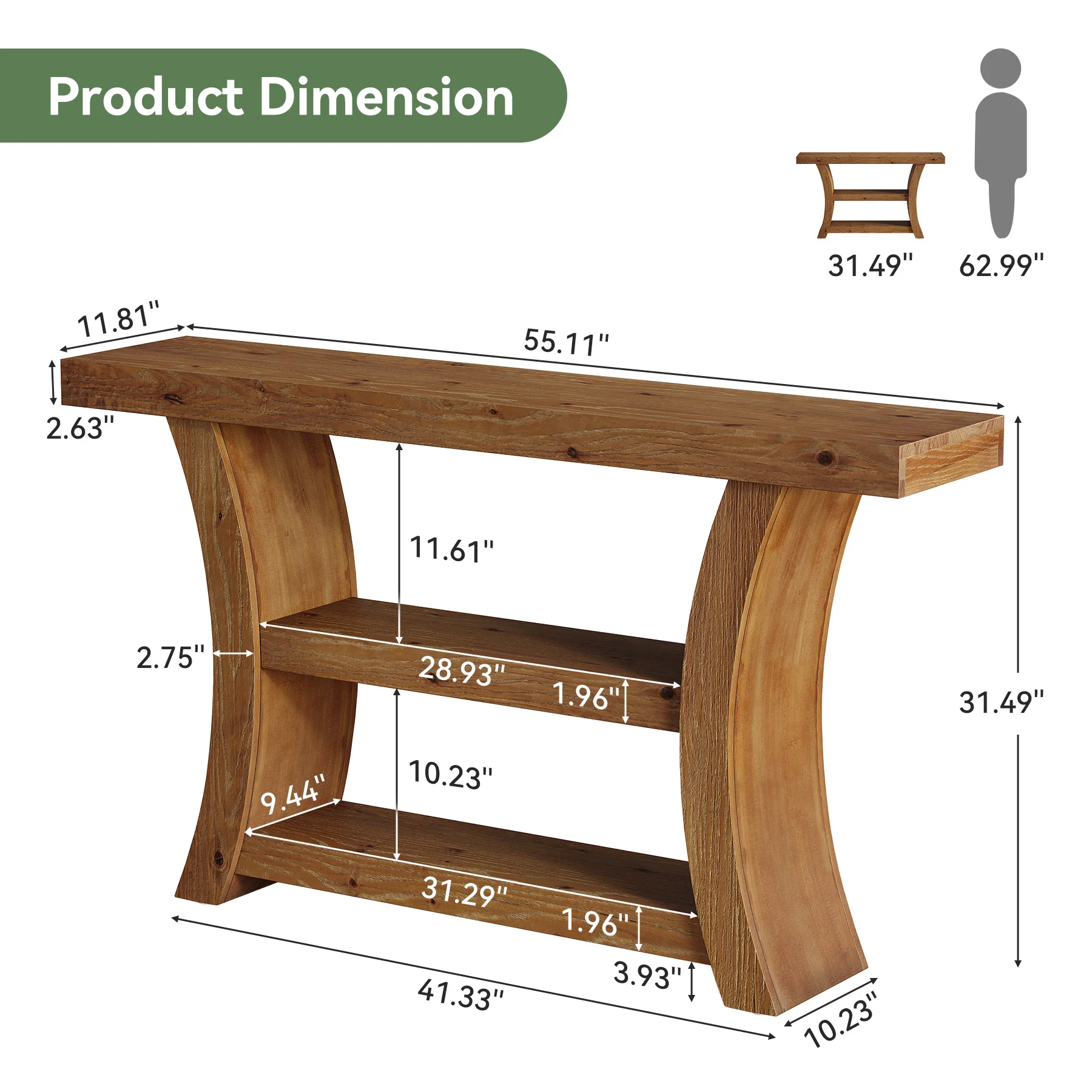 55" Solid Wood Console Table, 3-Tier Entryway Sofa Table with Open Shelves for Entrance - Image 2