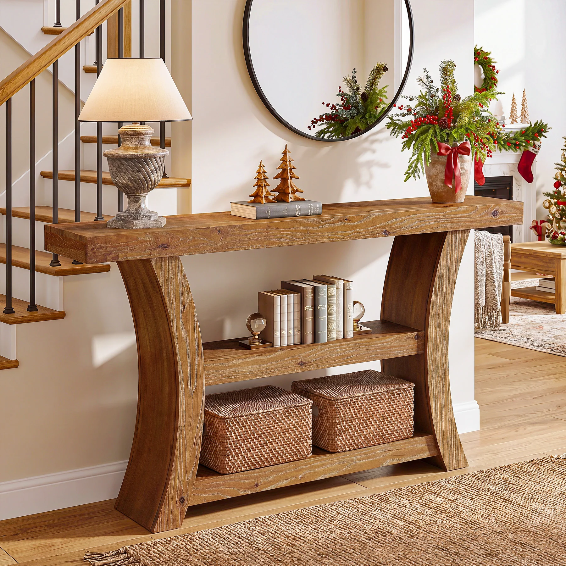 55" Solid Wood Console Table, 3-Tier Entryway Sofa Table with Open Shelves for Entrance - Image 3
