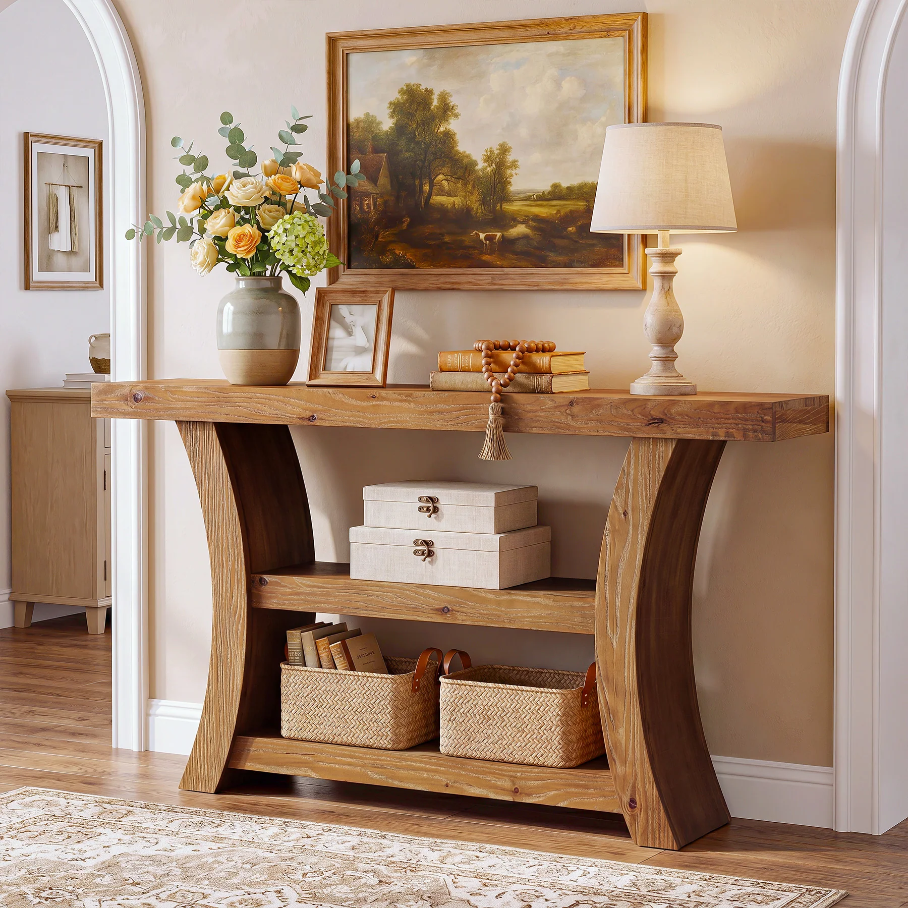 55" Solid Wood Console Table, 3-Tier Entryway Sofa Table with Open Shelves for Entrance - Image 4