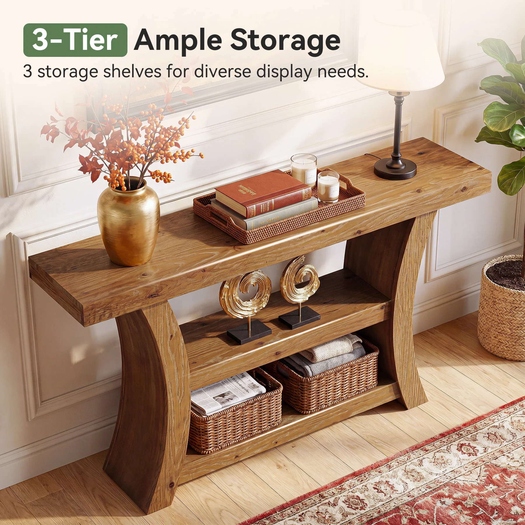 55" Solid Wood Console Table, 3-Tier Entryway Sofa Table with Open Shelves for Entrance - Image 7