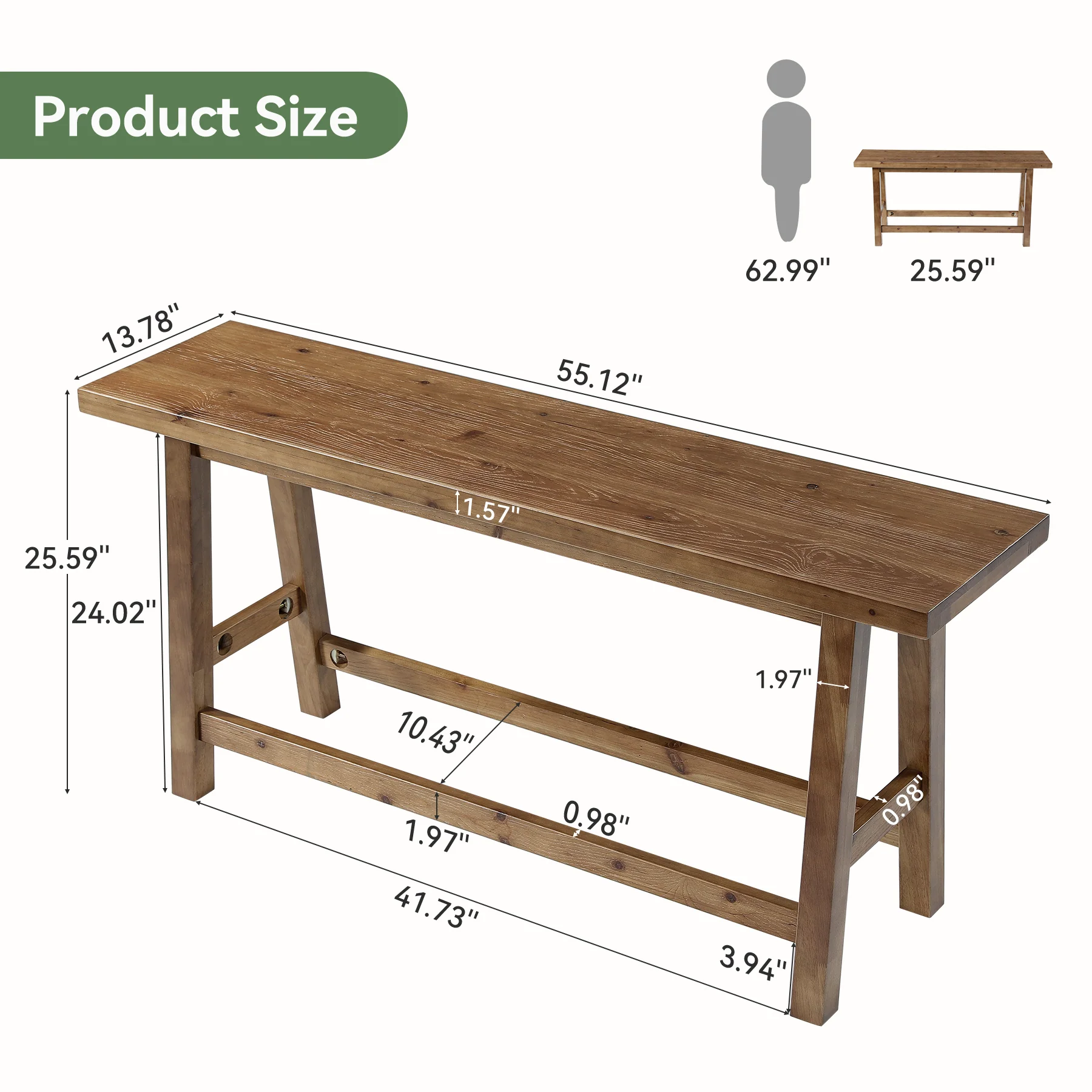 55" Solid Wood Counter Height Bar Bench, Farmhouse Dining Bench for Dining Room - Image 2