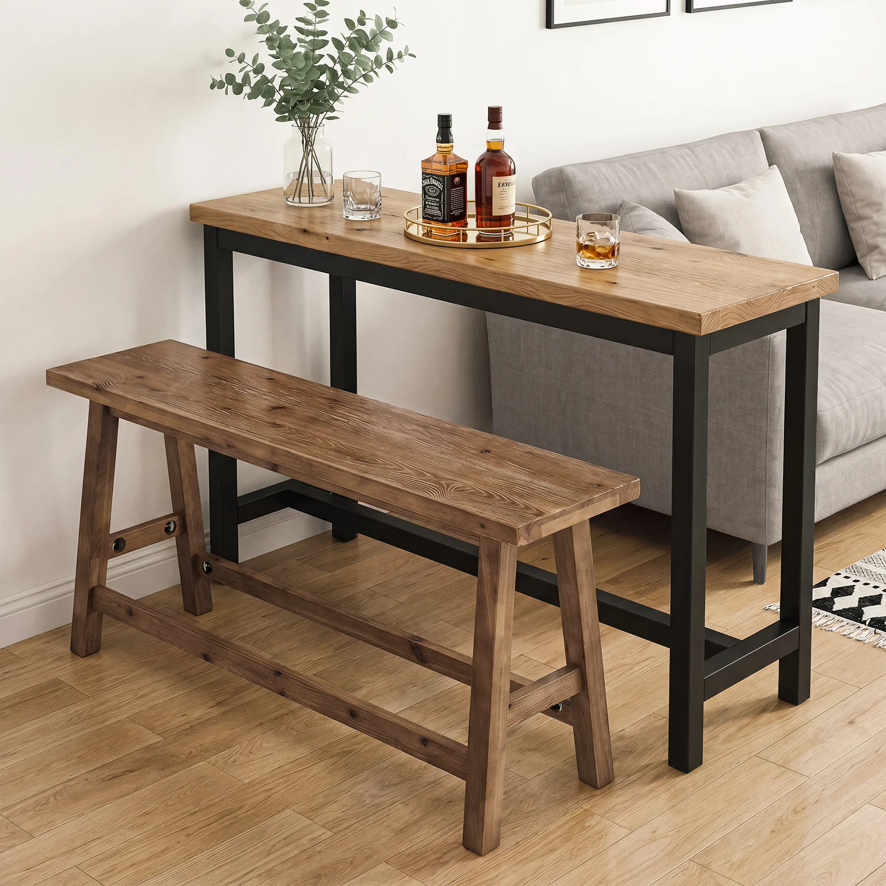 55" Solid Wood Counter Height Bar Bench, Farmhouse Dining Bench for Dining Room - Image 3