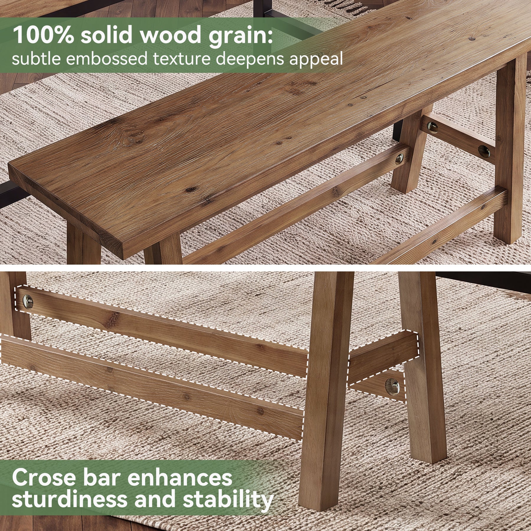 55" Solid Wood Counter Height Bar Bench, Farmhouse Dining Bench for Dining Room - Image 7