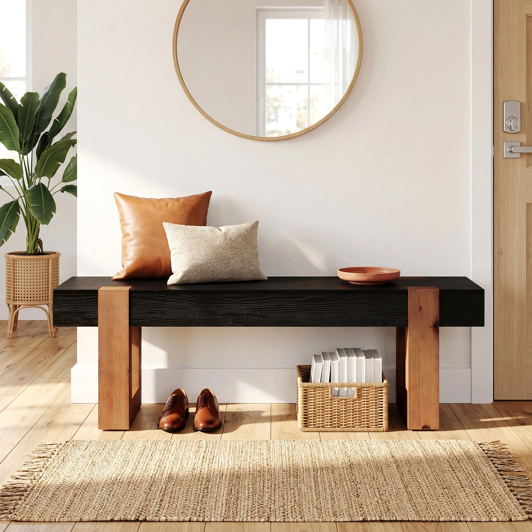 55" Solid Wood Dining Bench, Farmhouse Wooden Entryway Bench - Image 5