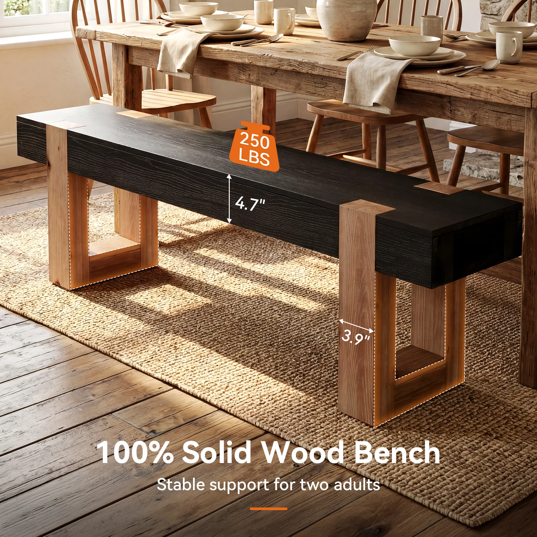 55" Solid Wood Dining Bench, Farmhouse Wooden Entryway Bench - Image 7