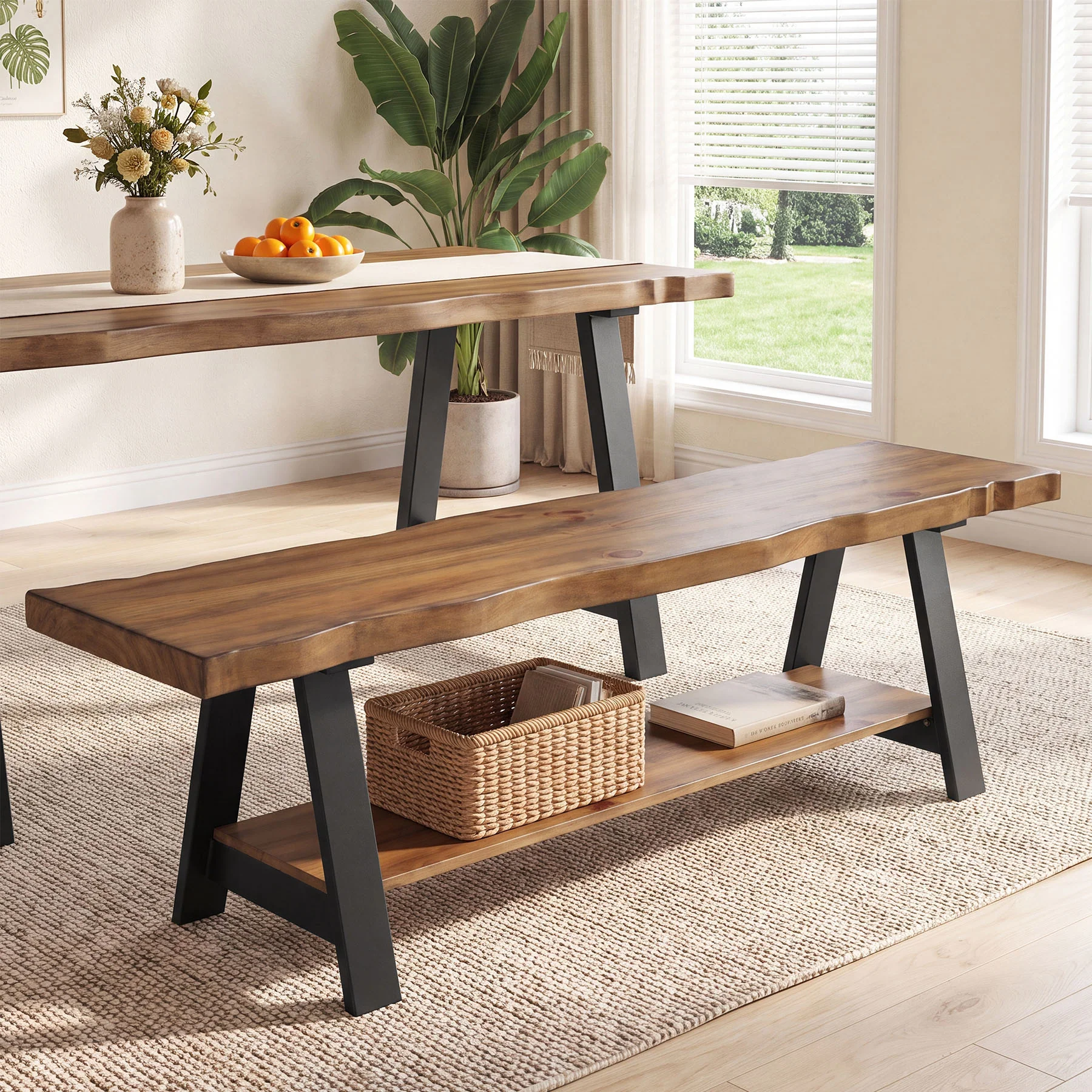 55" Solid Wood Dining Bench, Live Edge Dining Seat with Storage Shelf & Metal Legs - Image 3