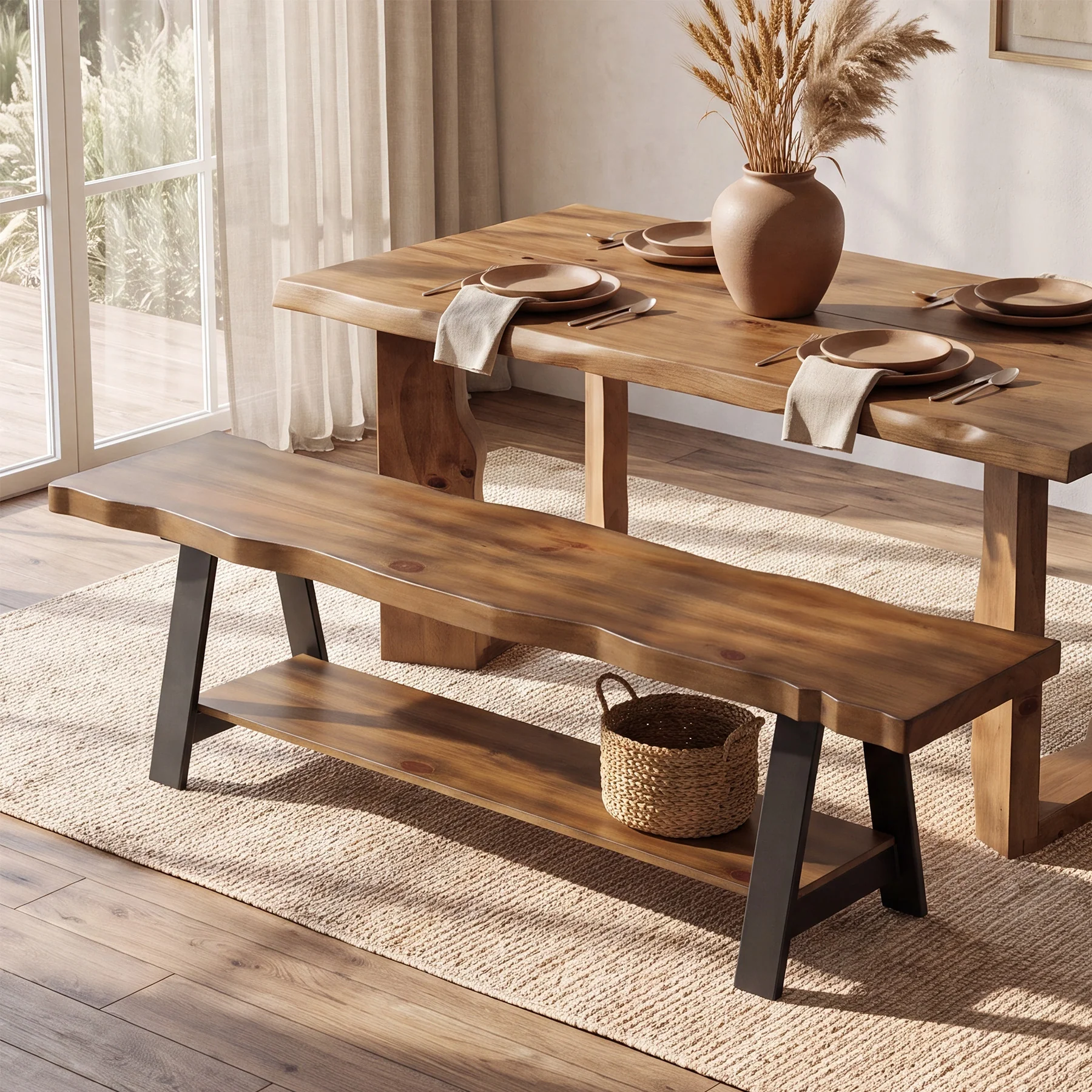 55" Solid Wood Dining Bench, Live Edge Dining Seat with Storage Shelf & Metal Legs - Image 4