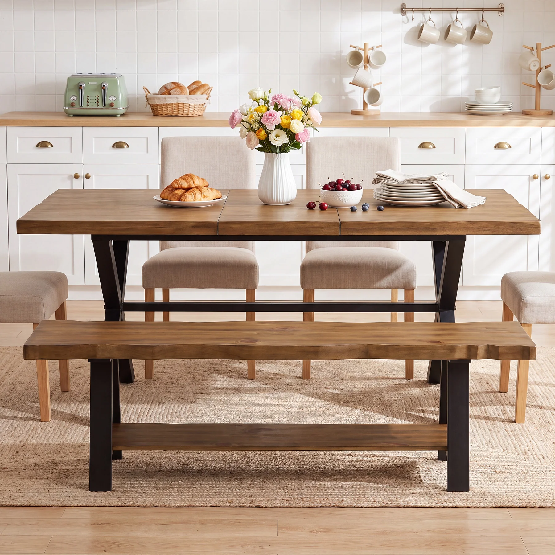 55" Solid Wood Dining Bench, Live Edge Dining Seat with Storage Shelf & Metal Legs - Image 5