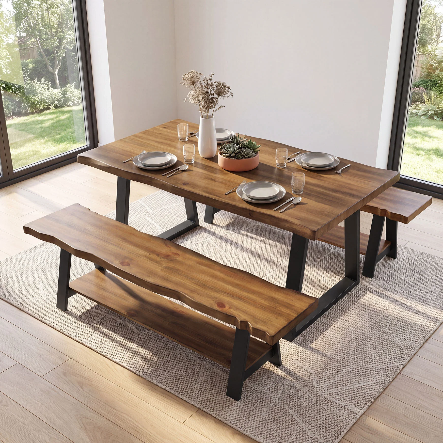 55" Solid Wood Dining Bench, Live Edge Dining Seat with Storage Shelf & Metal Legs - Image 6