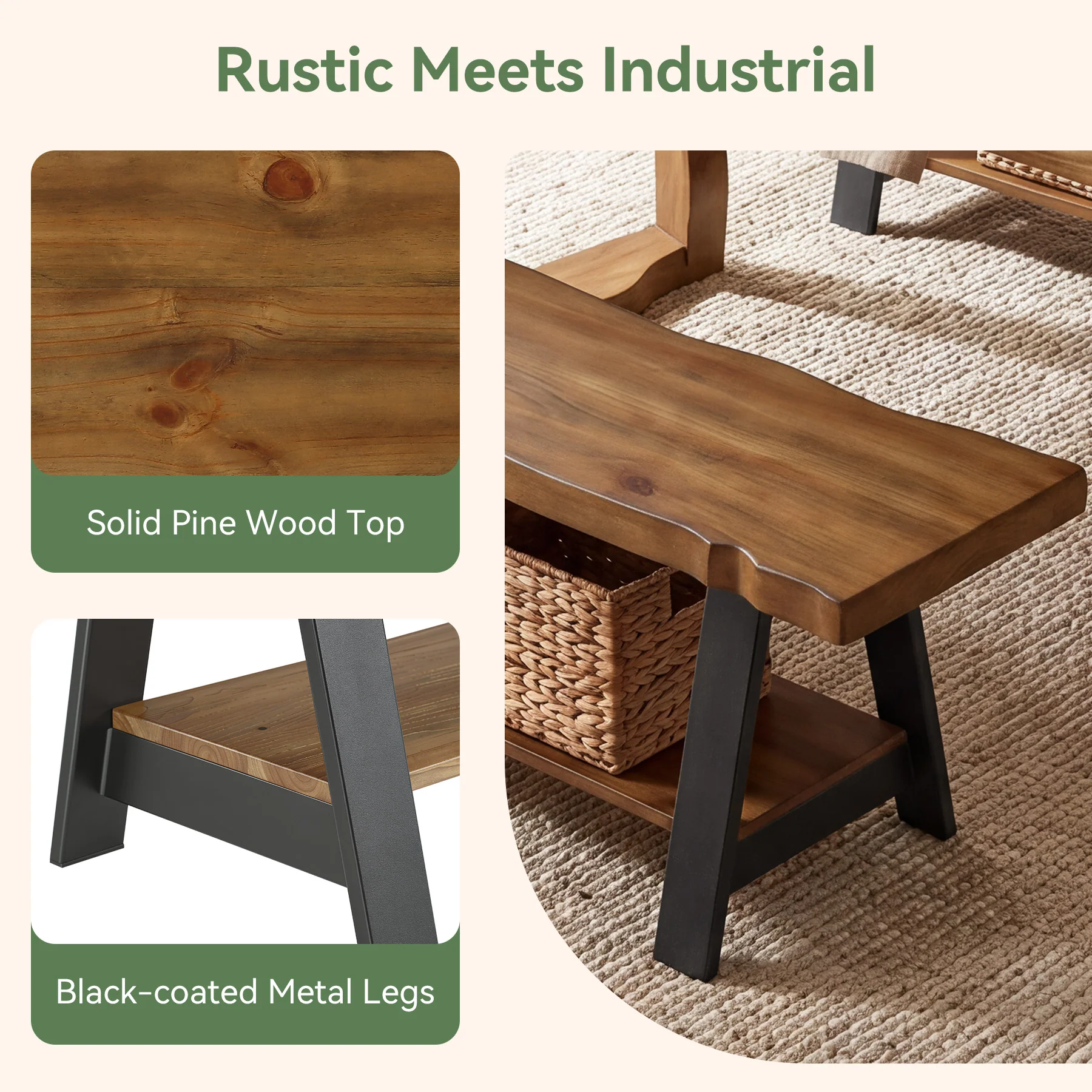 55" Solid Wood Dining Bench, Live Edge Dining Seat with Storage Shelf & Metal Legs - Image 7