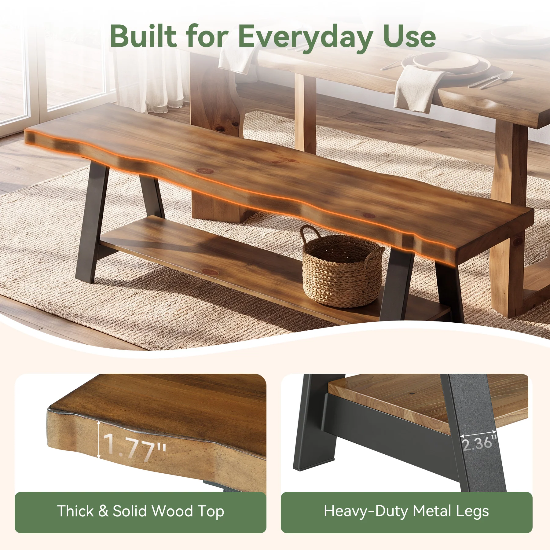 55" Solid Wood Dining Bench, Live Edge Dining Seat with Storage Shelf & Metal Legs - Image 8