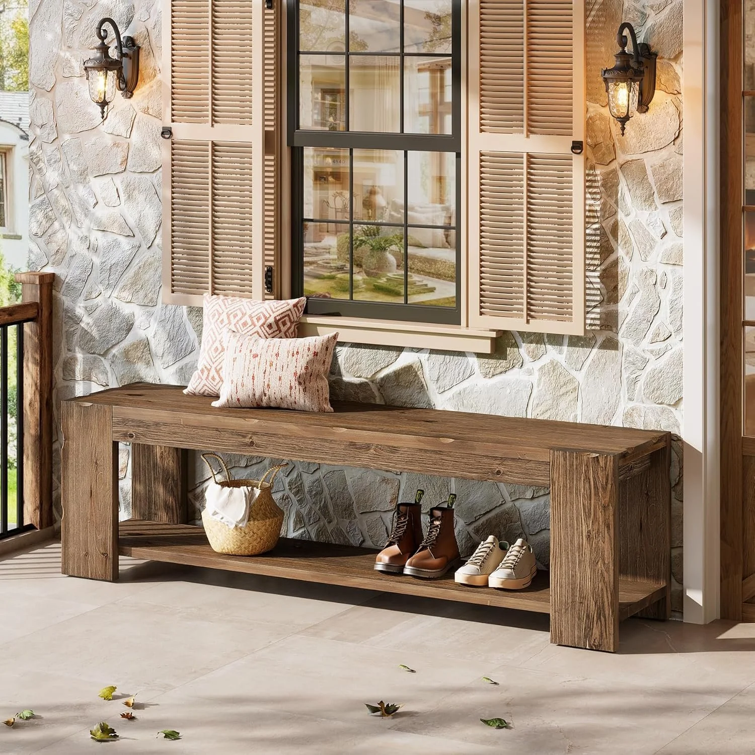 55" Solid Wood Entryway Bench with Storage Shelf, 2-Tier Shoe Bench Seating for Entrance - Image 6