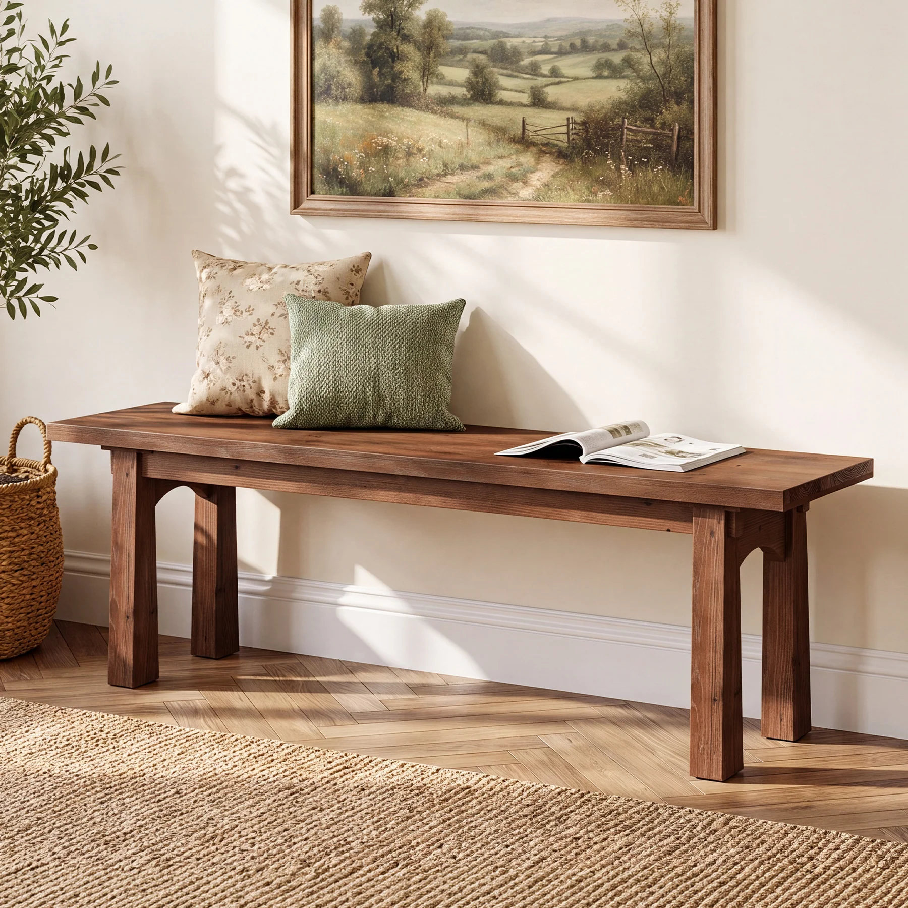 55" Solid Wood Entryway Bench, Farmhouse Shoe Bench End of Bed Bench, Easy Assembly