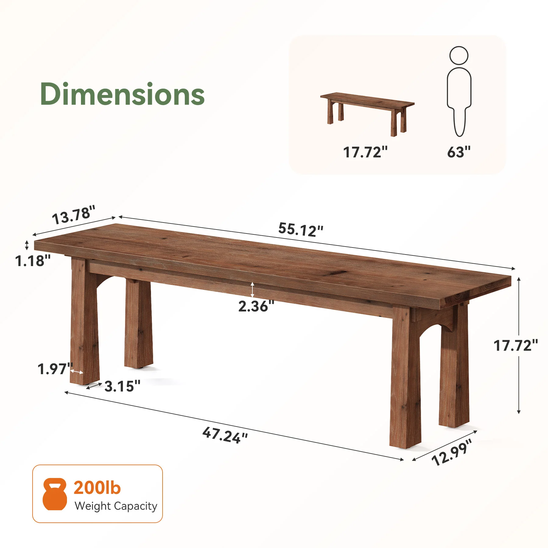 55" Solid Wood Entryway Bench, Farmhouse Shoe Bench End of Bed Bench, Easy Assembly - Image 2