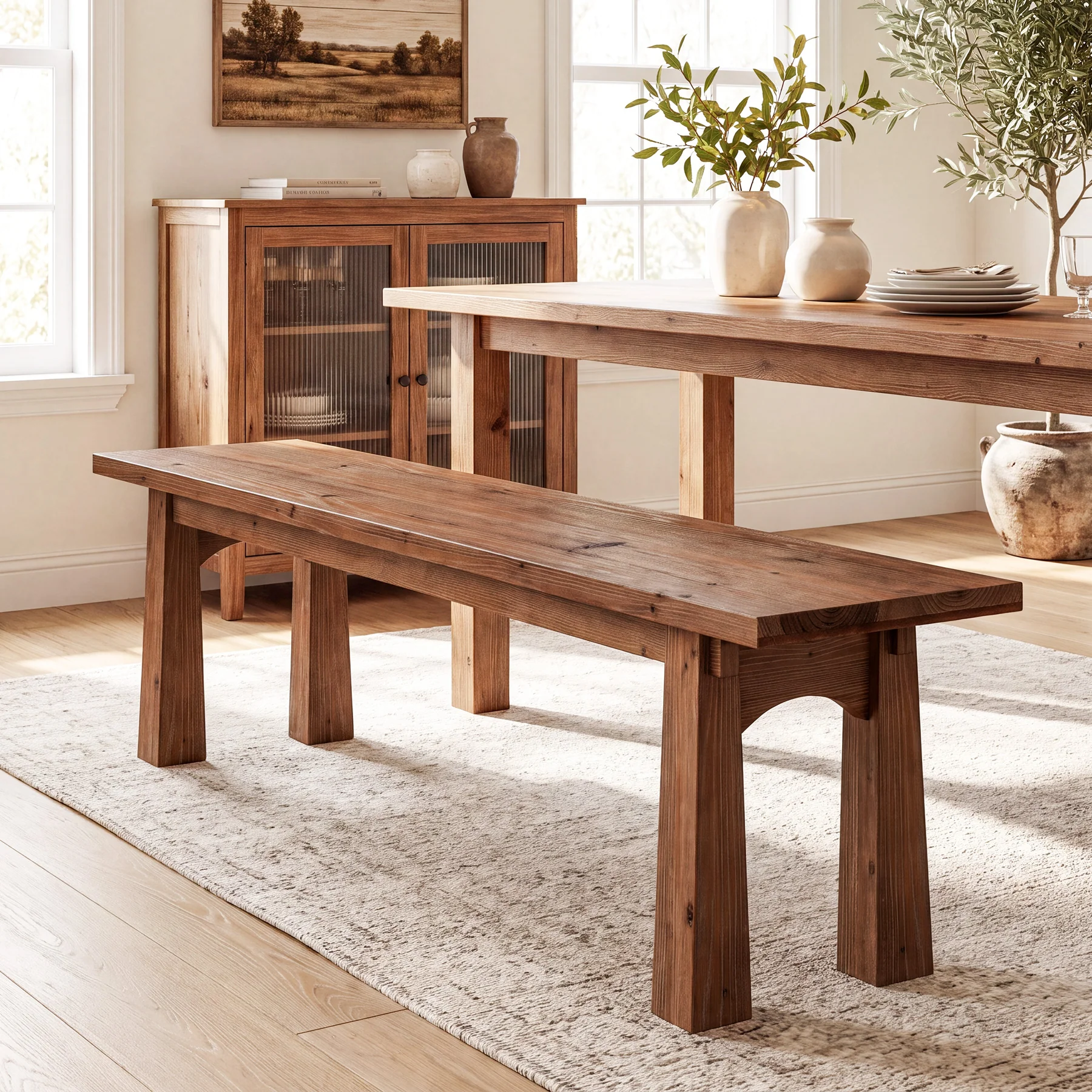 55" Solid Wood Entryway Bench, Farmhouse Shoe Bench End of Bed Bench, Easy Assembly - Image 6
