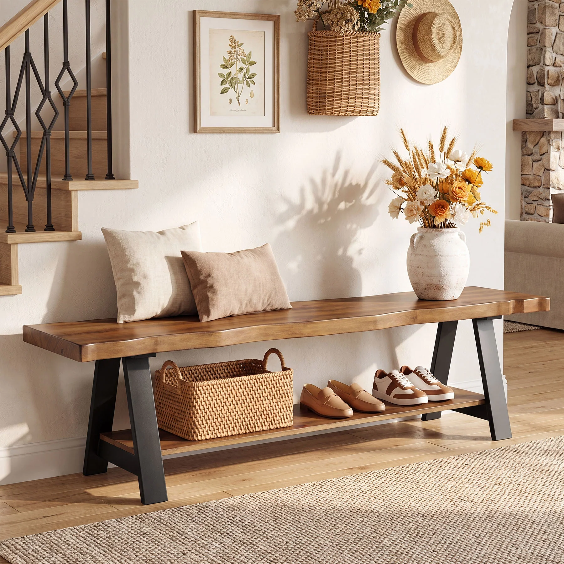 55" Solid Wood Entryway Bench, Farmhouse Shoe Bench with Under Storage Shelf - Image 3