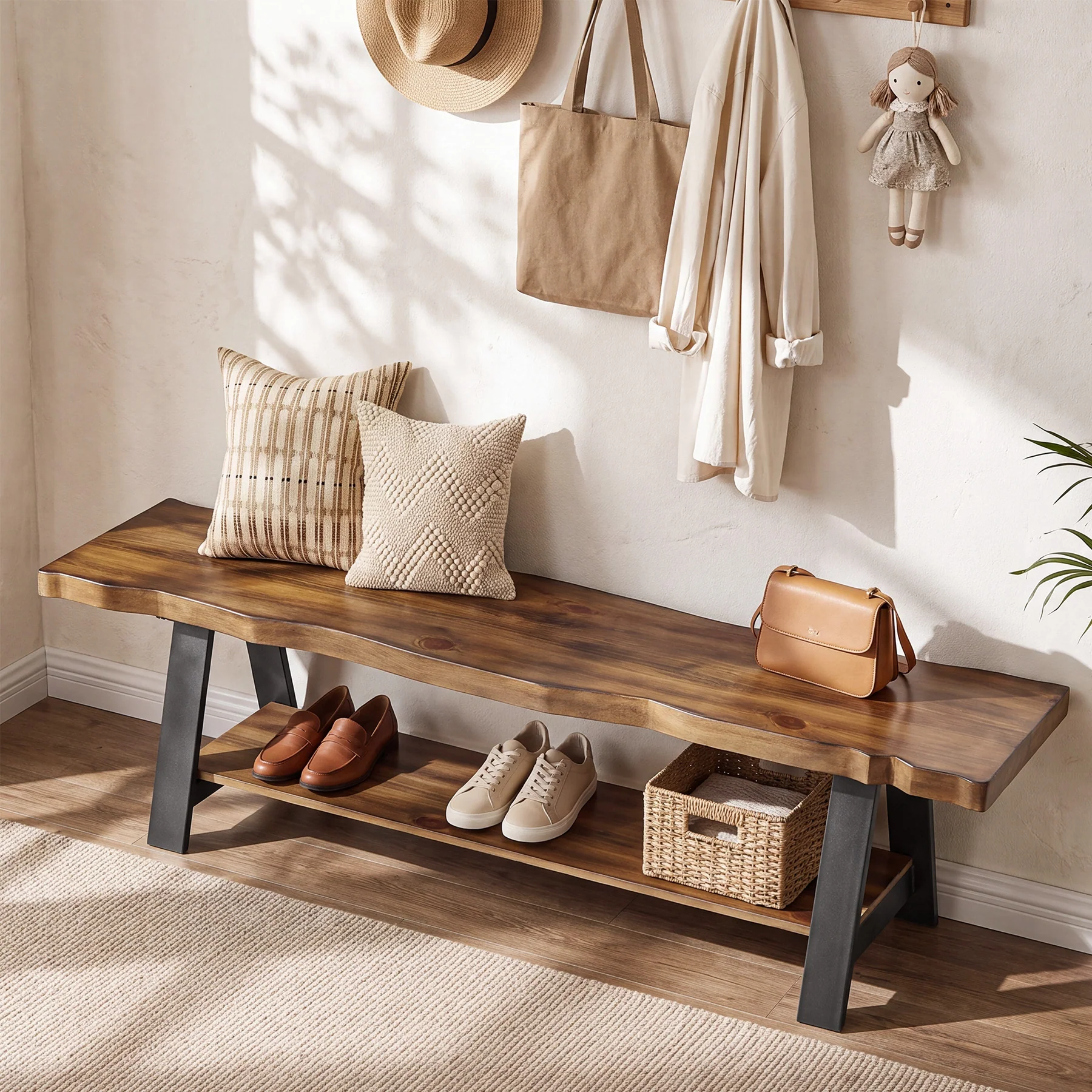 55" Solid Wood Entryway Bench, Farmhouse Shoe Bench with Under Storage Shelf - Image 4