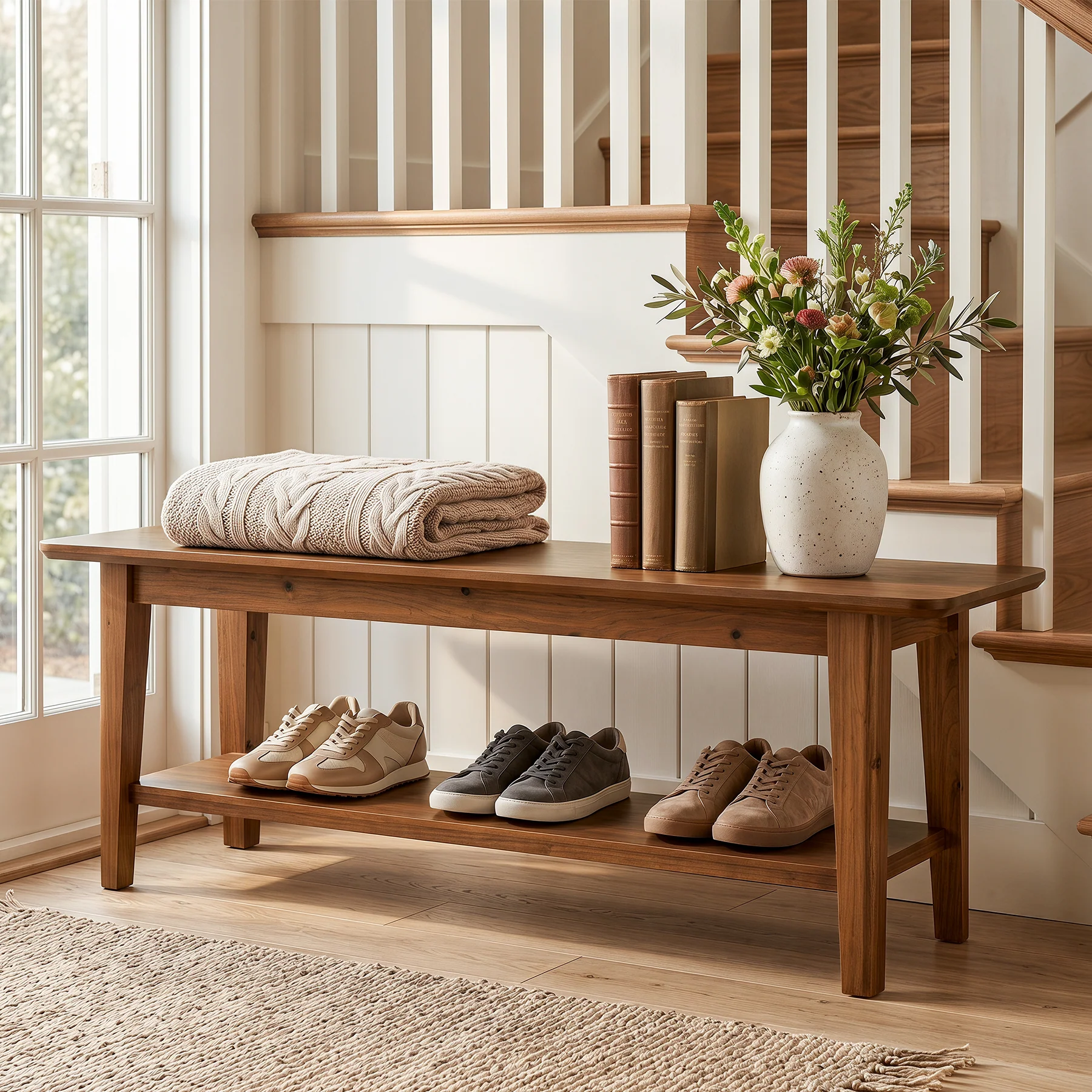 55" Solid Wood Entryway Bench, Farmhouse Shoe Storage Bench With Shelf For Hallway - Image 3