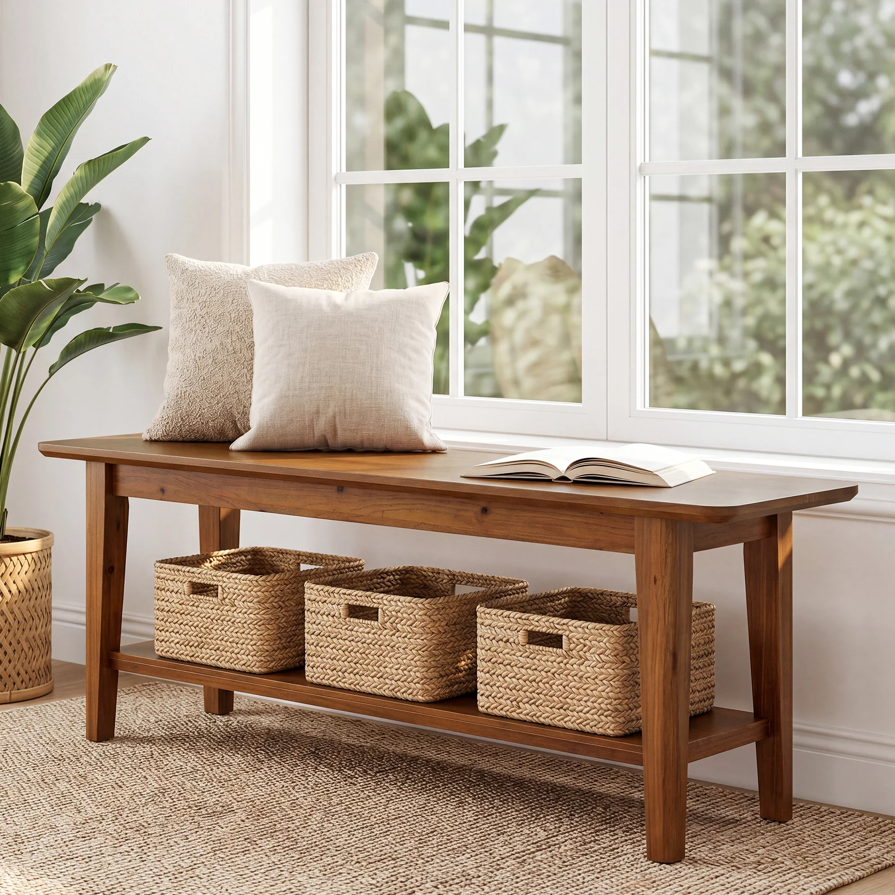 55" Solid Wood Entryway Bench, Farmhouse Shoe Storage Bench With Shelf For Hallway - Image 4