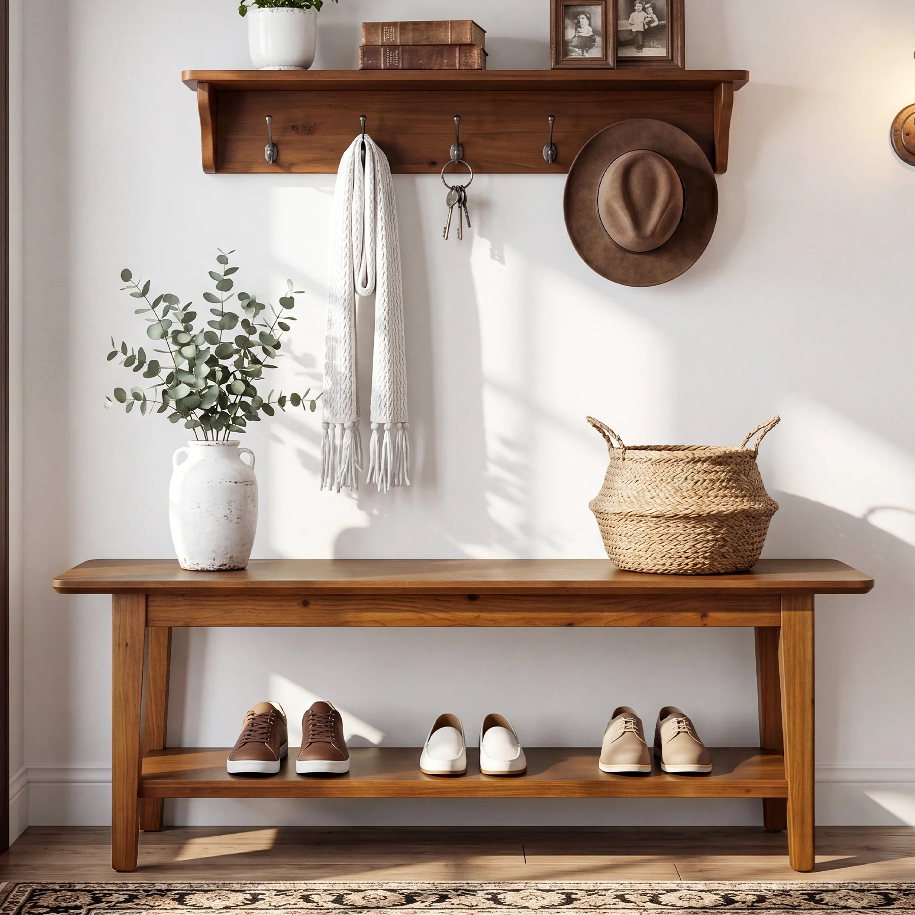 55" Solid Wood Entryway Bench, Farmhouse Shoe Storage Bench With Shelf For Hallway - Image 5