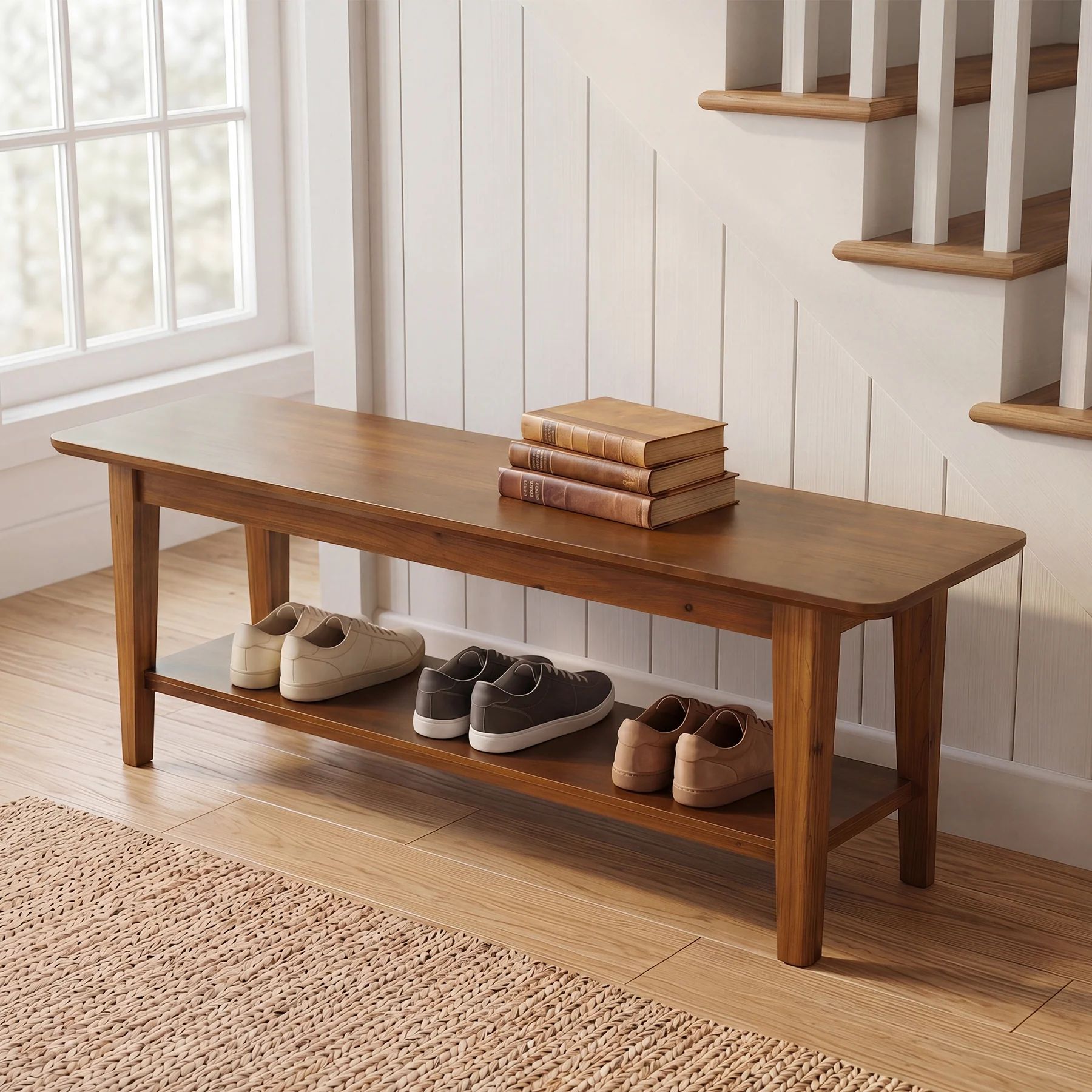55" Solid Wood Entryway Bench, Farmhouse Shoe Storage Bench With Shelf For Hallway - Image 6