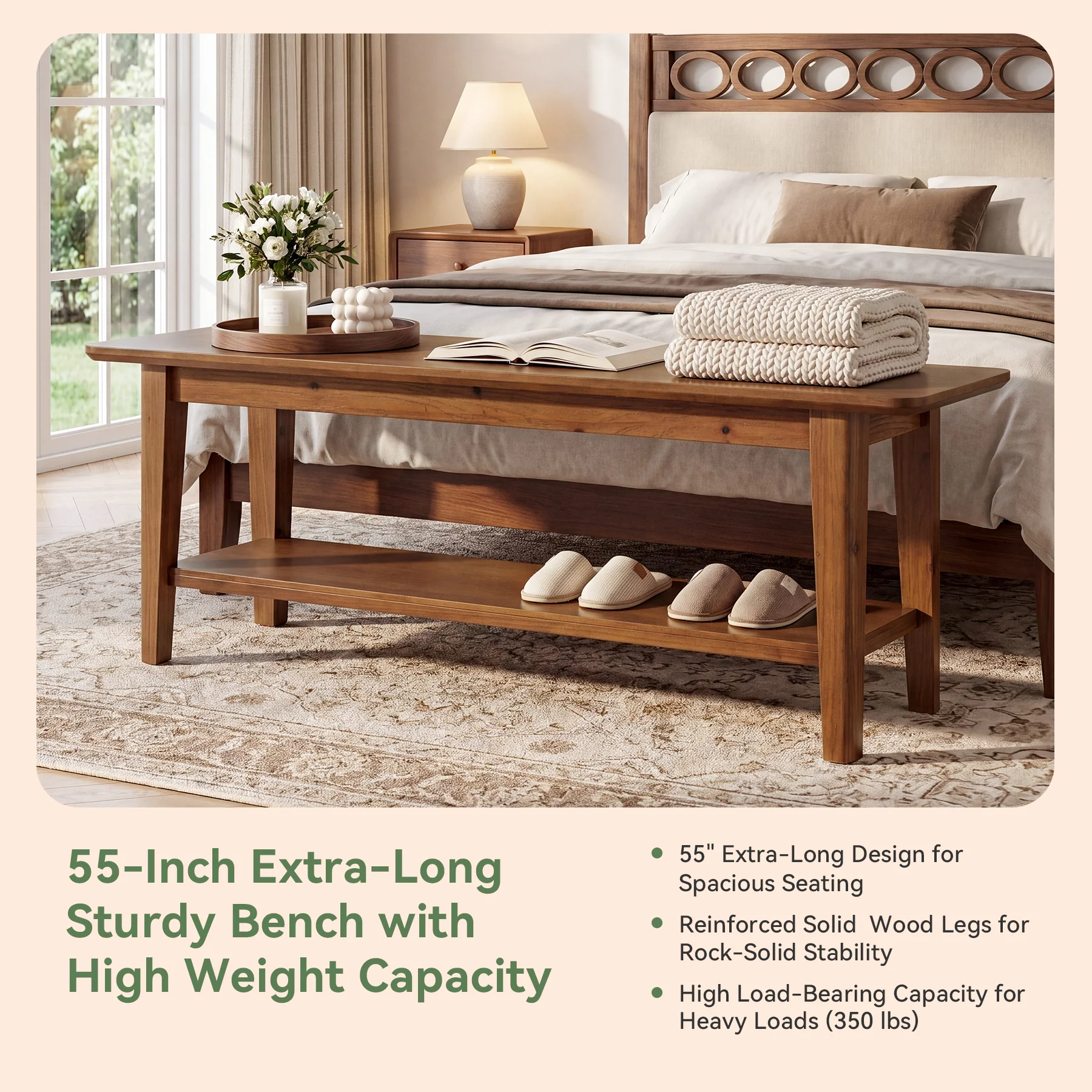 55" Solid Wood Entryway Bench, Farmhouse Shoe Storage Bench With Shelf For Hallway - Image 7