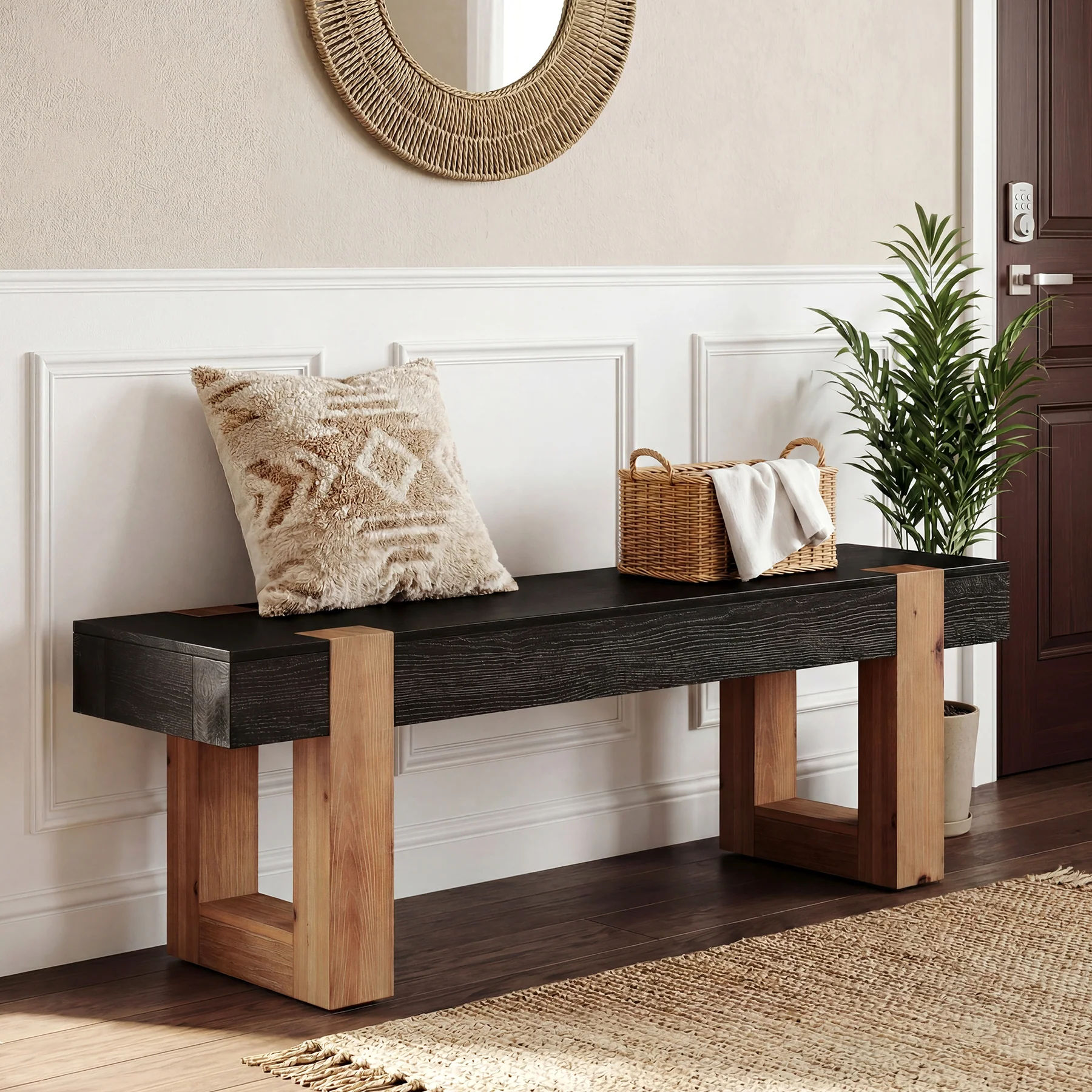 55" Solid Wood Entryway Bench, Indoor Wooden End of Bed Bench Seat
