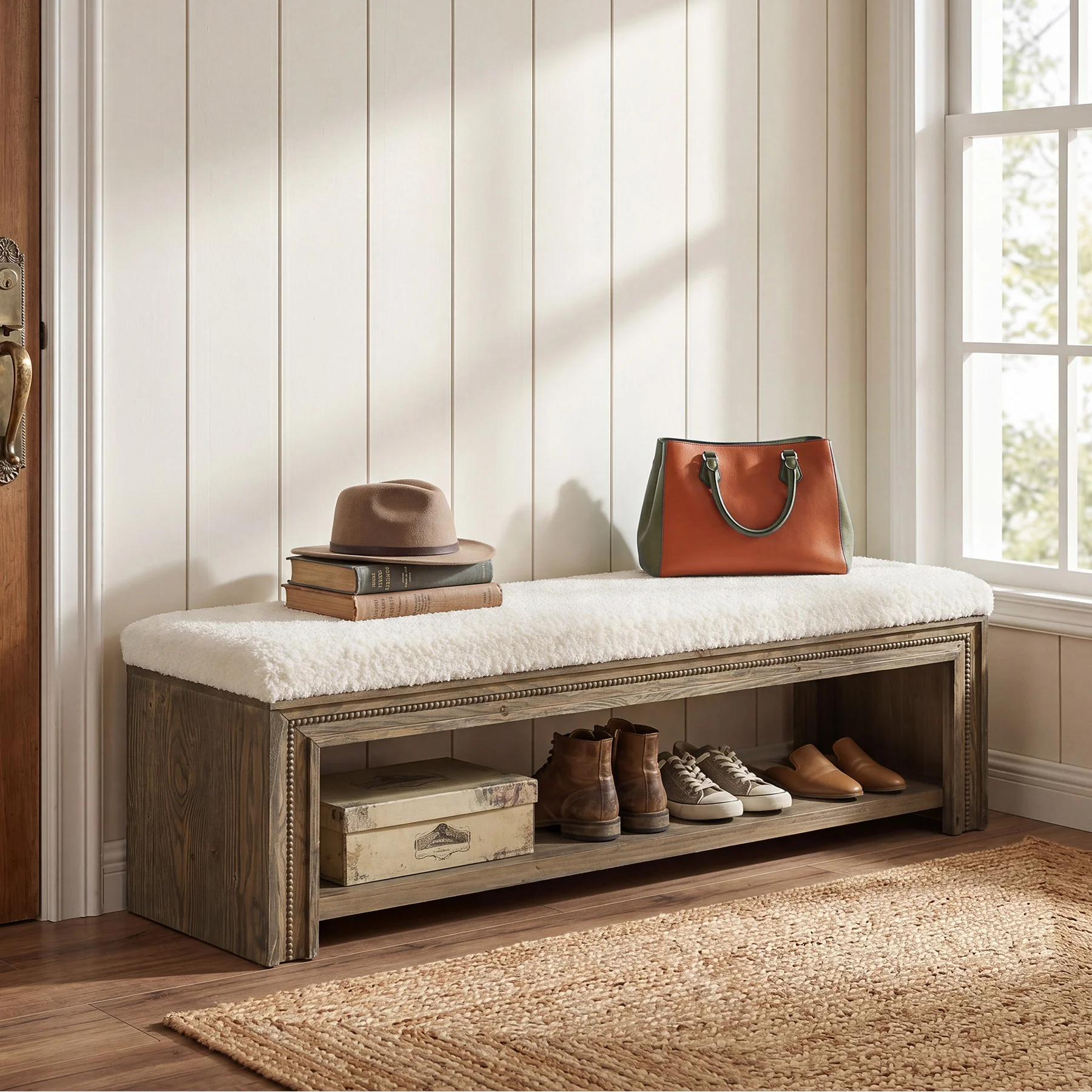 55" Solid Wood Entryway Bench, Upholstered Shoe Bench with Storage Shelf for Hallway - Image 3
