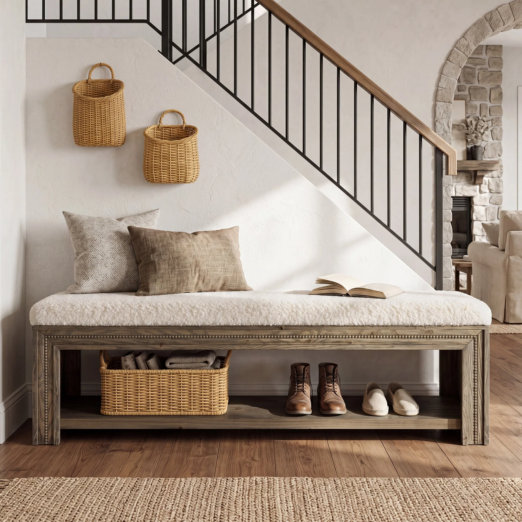 55" Solid Wood Entryway Bench, Upholstered Shoe Bench with Storage Shelf for Hallway - Image 4