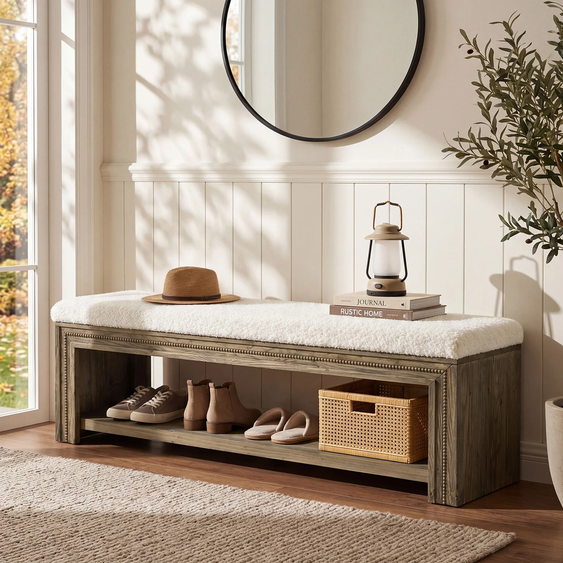 55" Solid Wood Entryway Bench, Upholstered Shoe Bench with Storage Shelf for Hallway - Image 5
