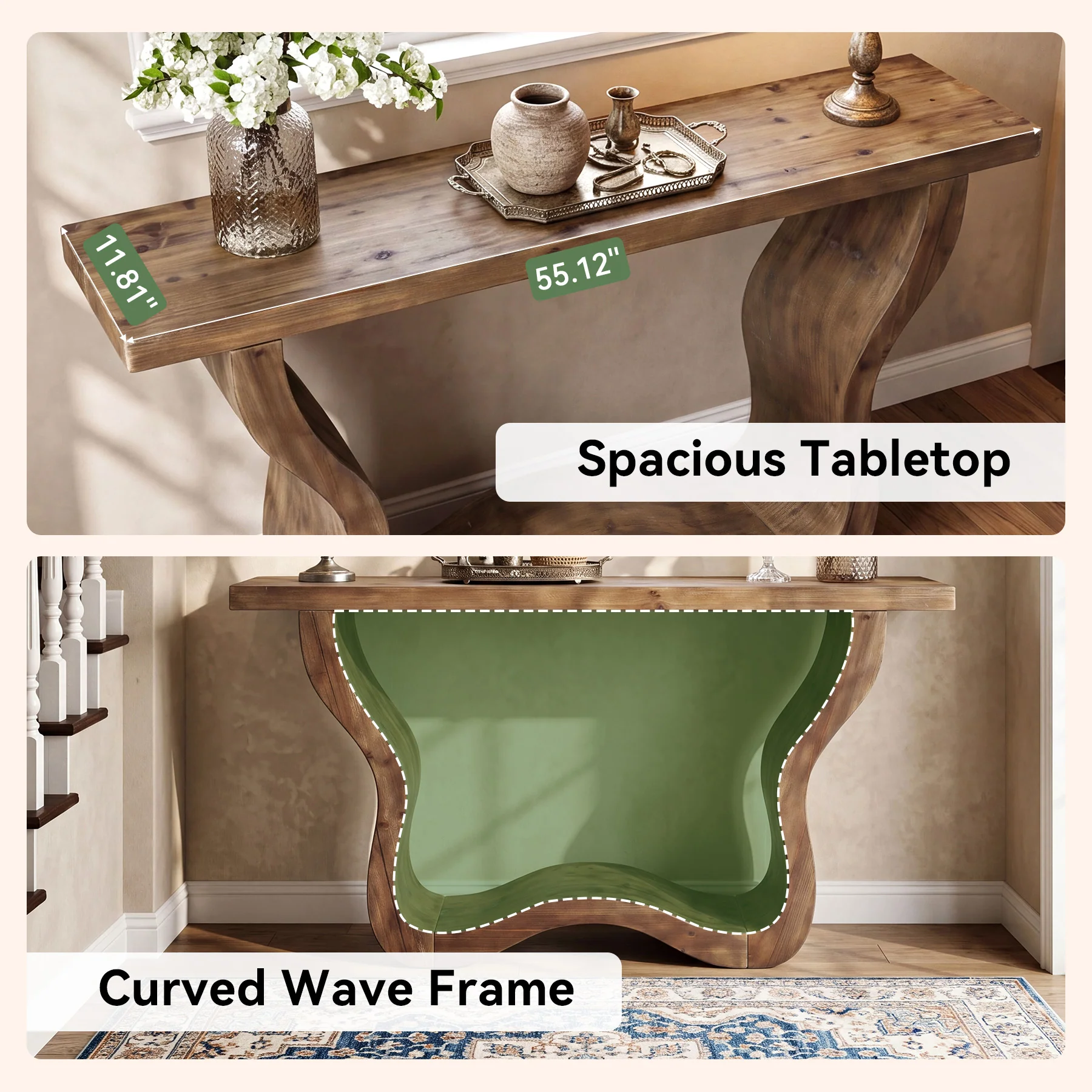 55" Solid Wood Farmhouse Console Table, Artistic Entryway Sofa Table for Hallway & Living Room - Image 7