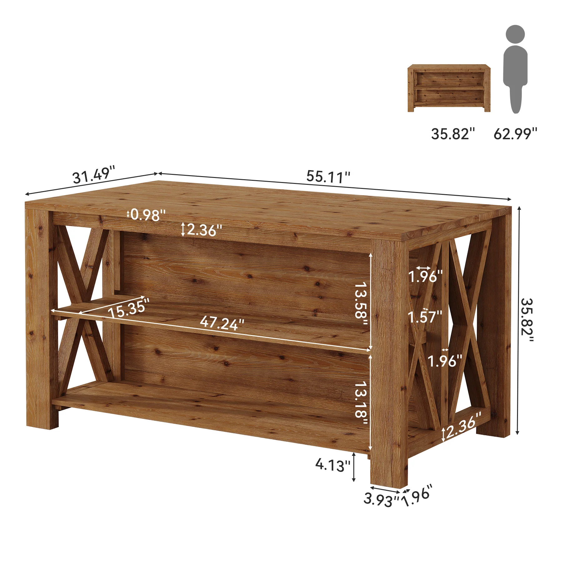 55" Solid Wood Kitchen Island, 3-Tier Stationary Storage Table For Kitchen Dining Room - Image 2