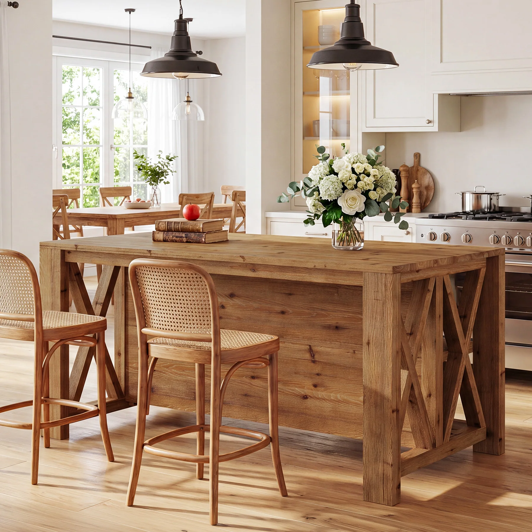 55" Solid Wood Kitchen Island, 3-Tier Stationary Storage Table For Kitchen Dining Room - Image 6