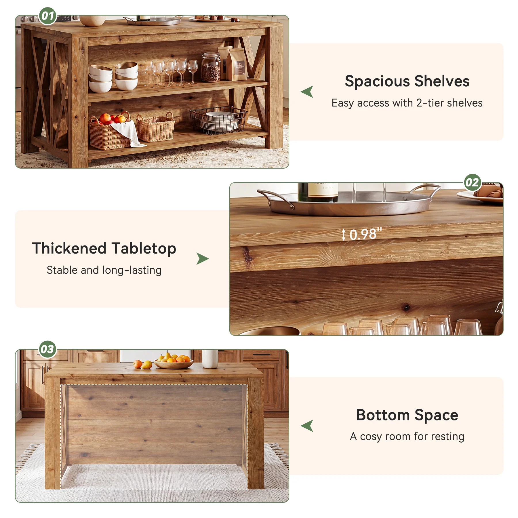 55" Solid Wood Kitchen Island, 3-Tier Stationary Storage Table For Kitchen Dining Room - Image 8