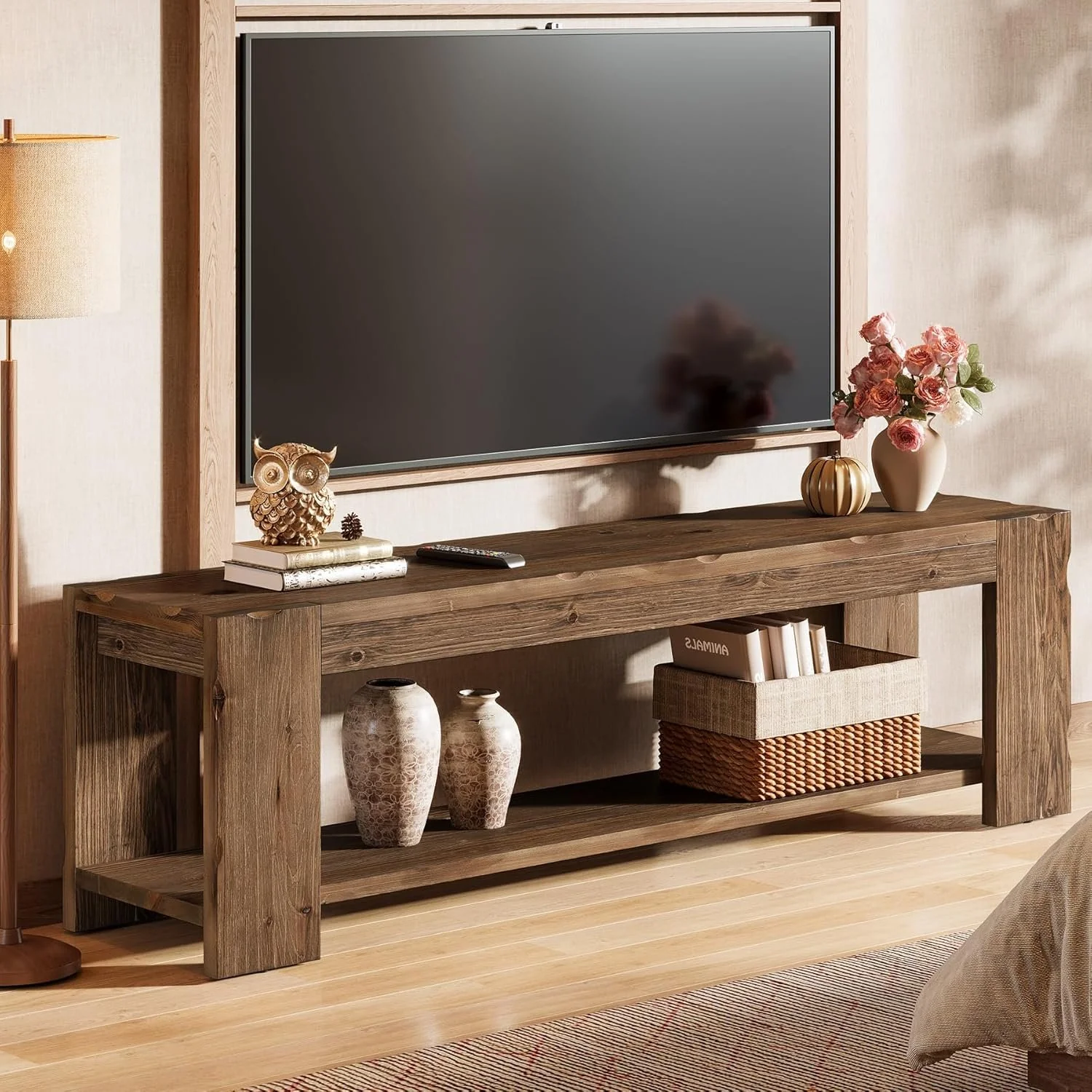 55" Solid Wood TV Stand, 2-Tier TV Console Media Stand for TVs up to 60"