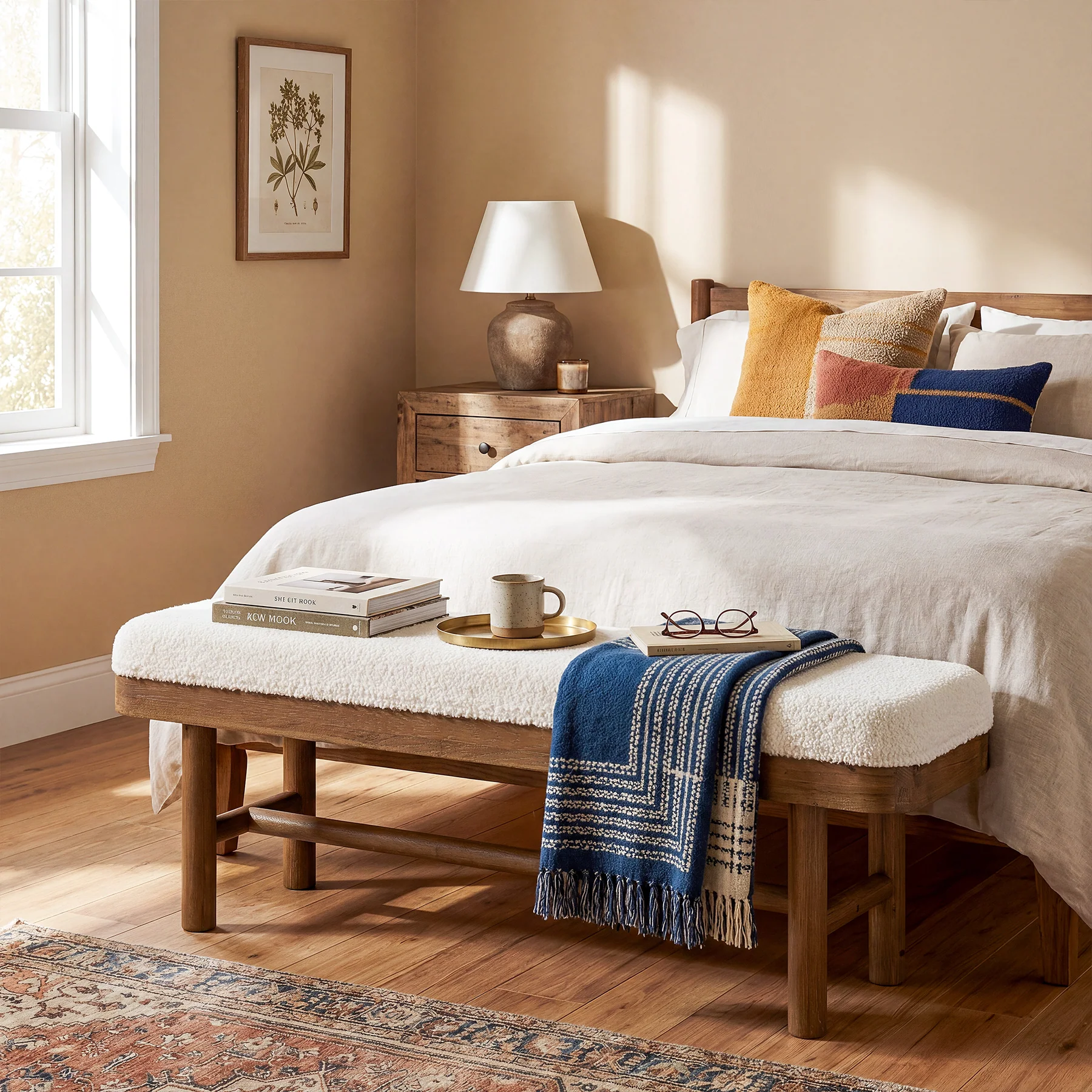 55" Upholstered Bedroom Bench, End of Bed Bench with Solid Wood Frame & Cushion - Image 4