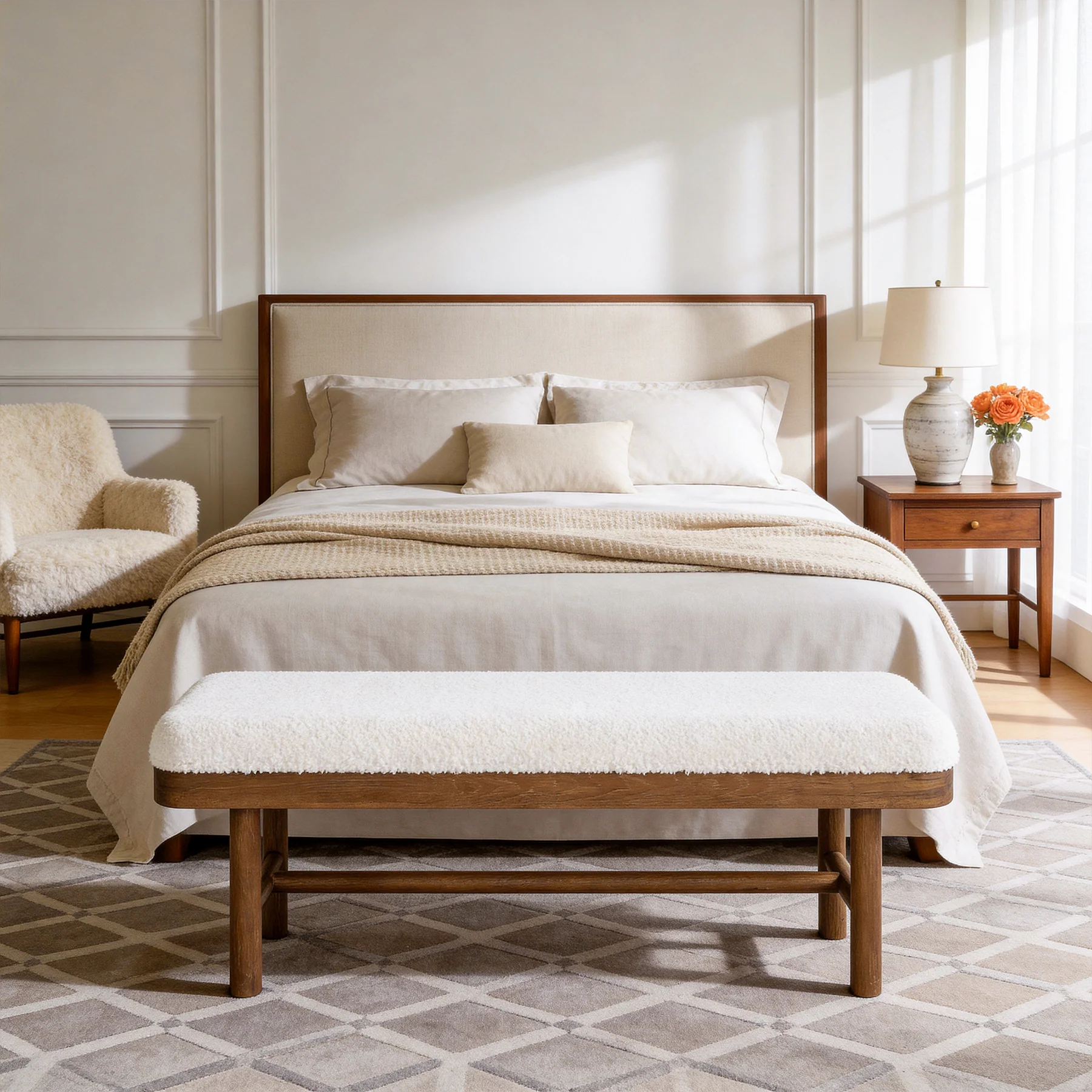 55" Upholstered Bedroom Bench, End of Bed Bench with Solid Wood Frame & Cushion - Image 5