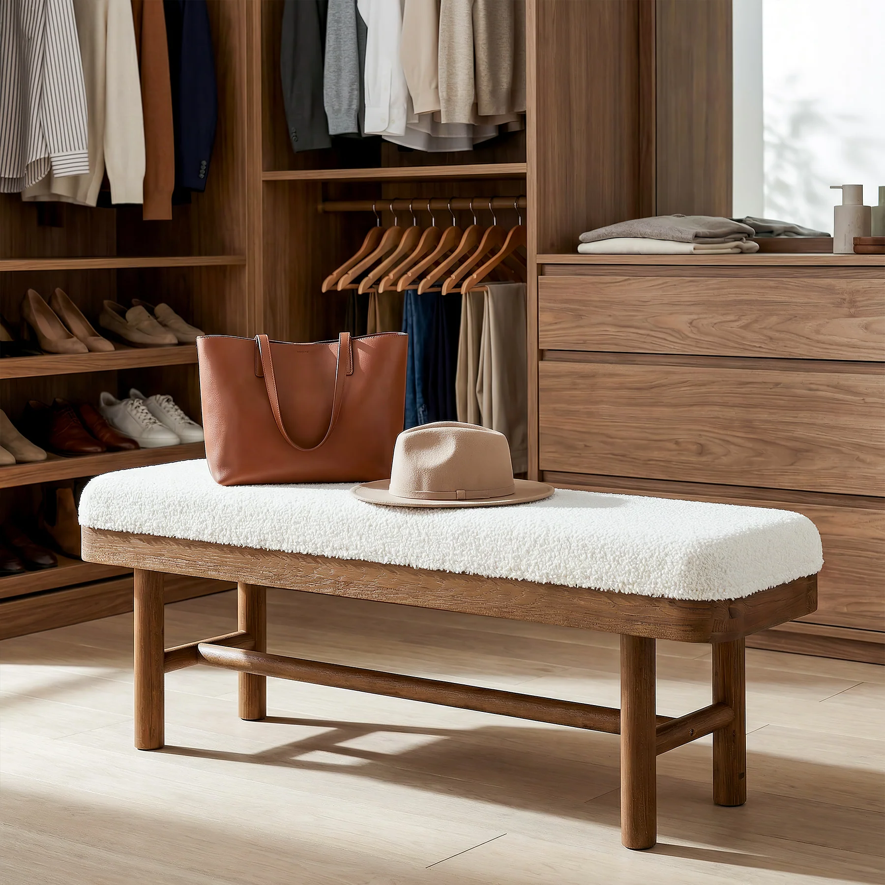 55" Upholstered Bedroom Bench, End of Bed Bench with Solid Wood Frame & Cushion - Image 6