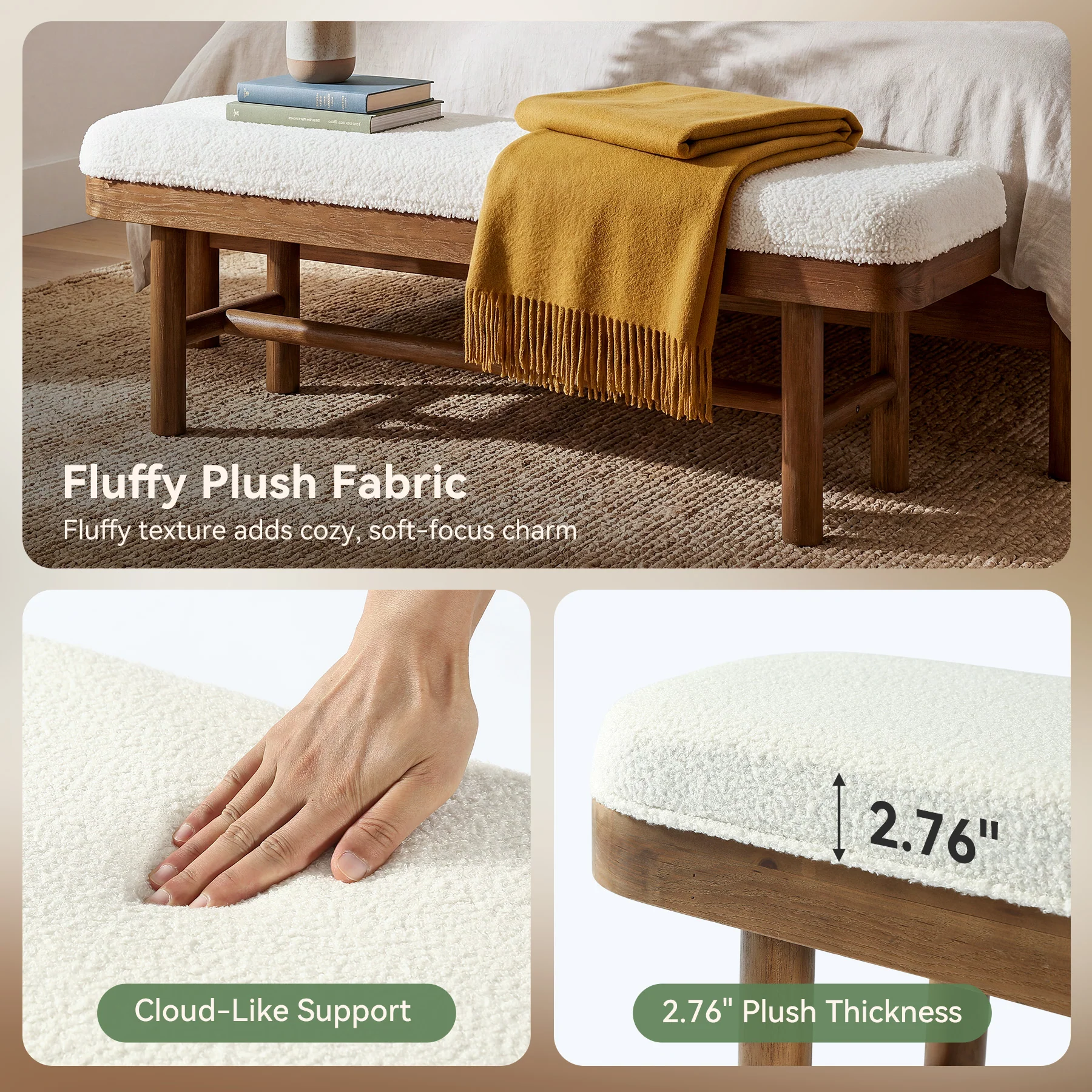 55" Upholstered Bedroom Bench, End of Bed Bench with Solid Wood Frame & Cushion - Image 7