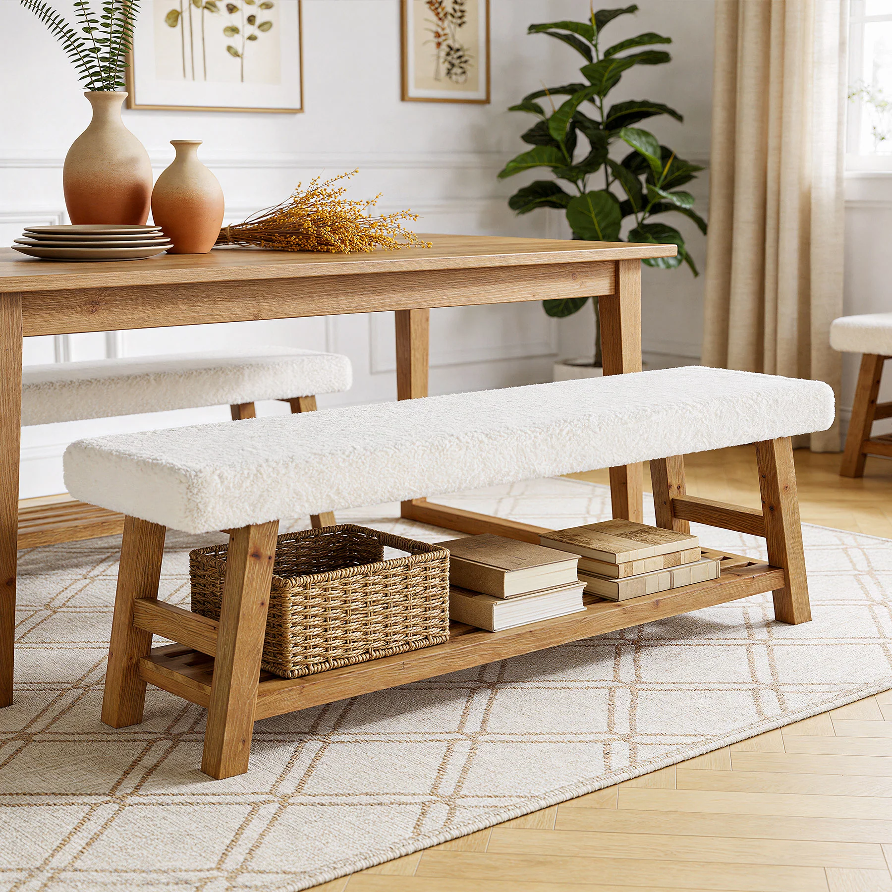 55" Upholstered Dining Bench, 2-Tier Solid Wood Kitchen Table Bench with Cushion - Image 4