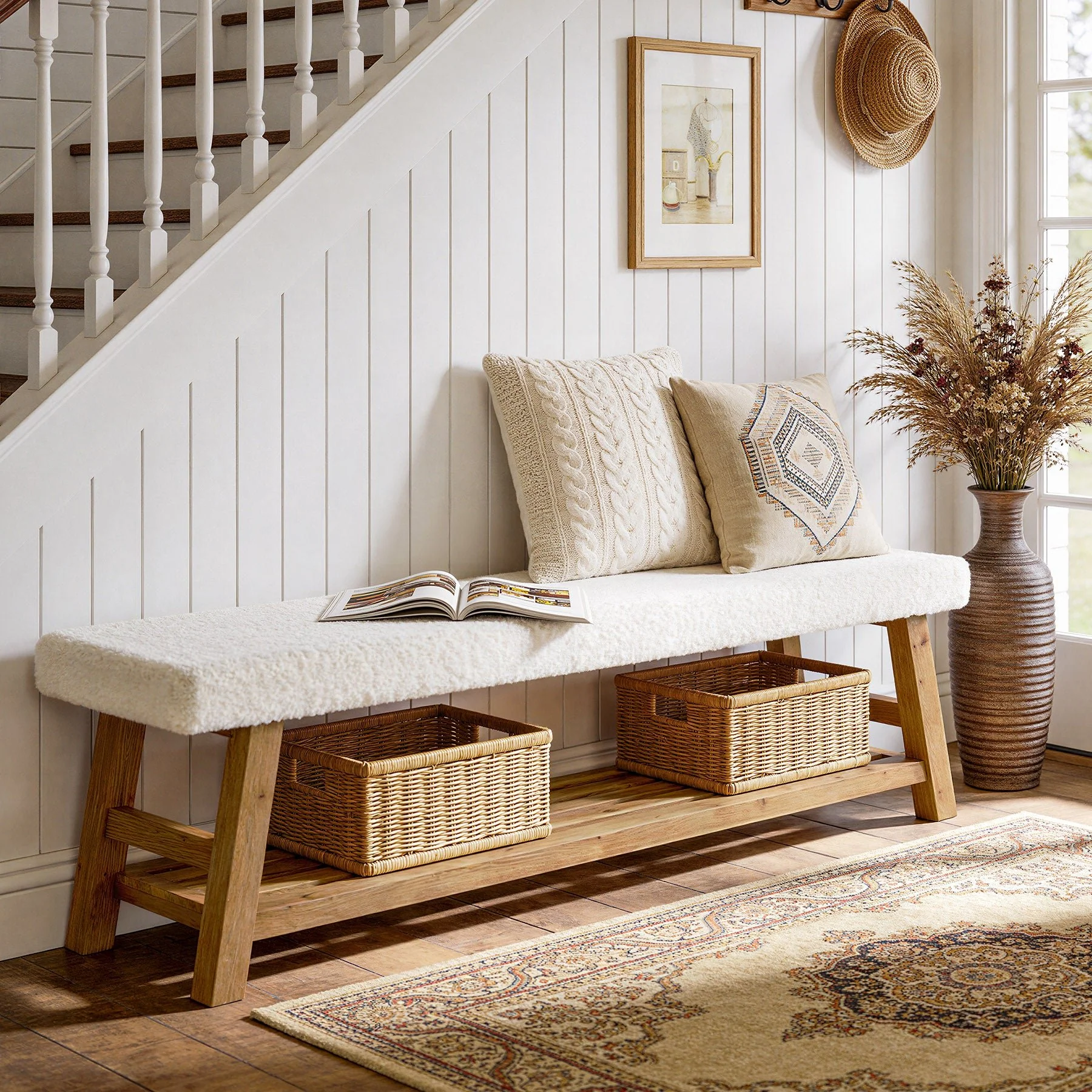 55" Upholstered Entryway Bench, 2-Tier Shoe Bench with Solid Wood Frame - Image 3