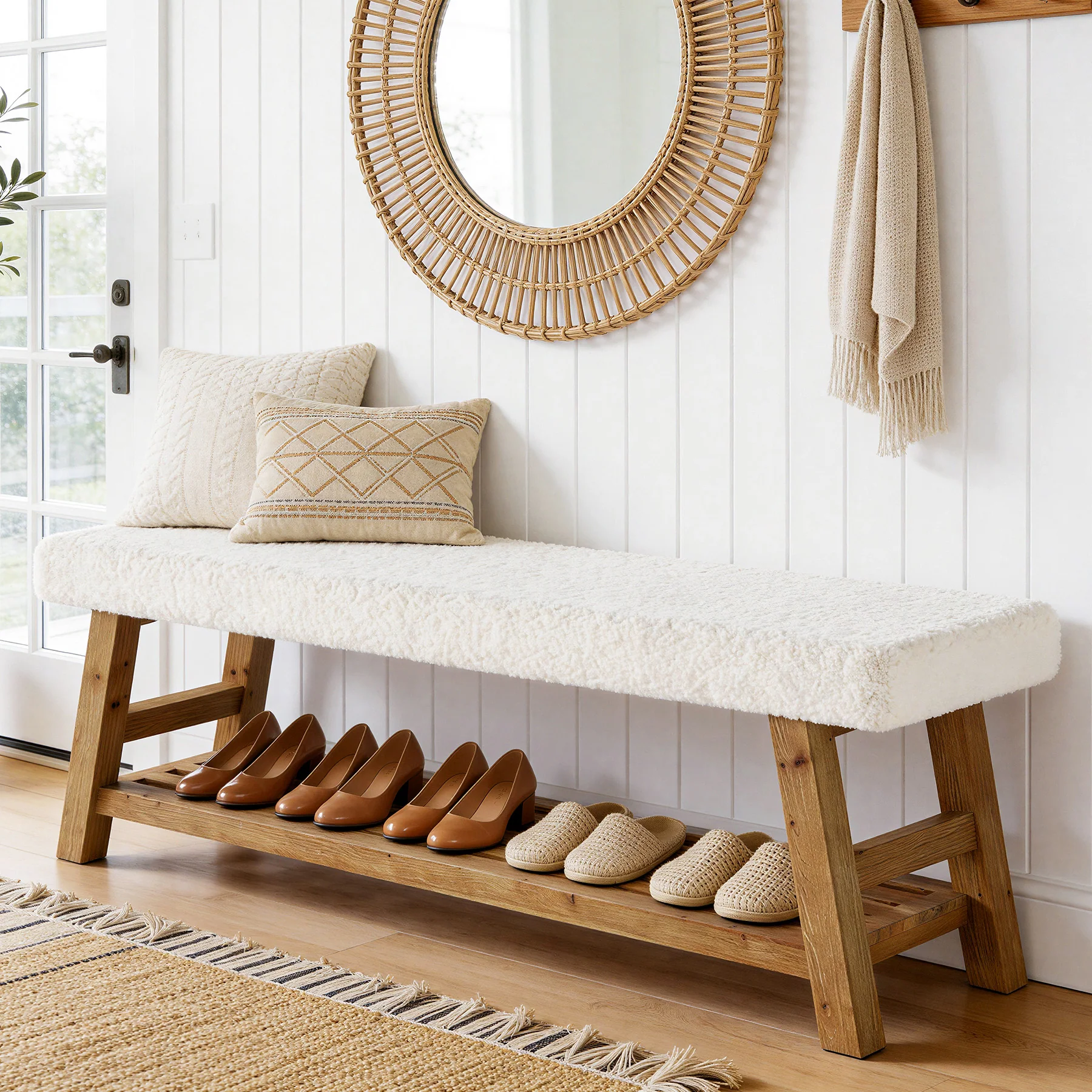55" Upholstered Entryway Bench, 2-Tier Shoe Bench with Solid Wood Frame - Image 4