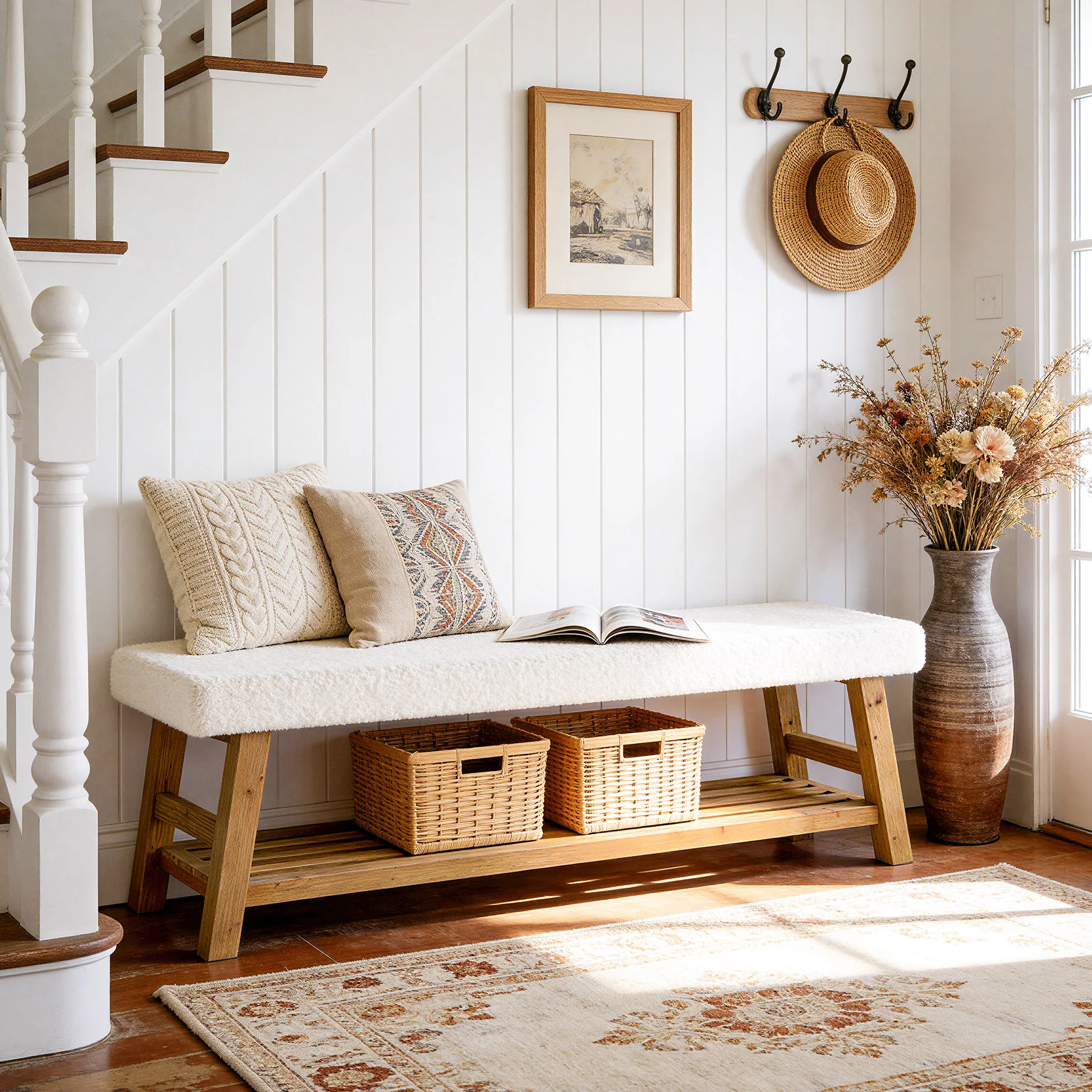 55" Upholstered Entryway Bench, 2-Tier Shoe Bench with Solid Wood Frame - Image 5
